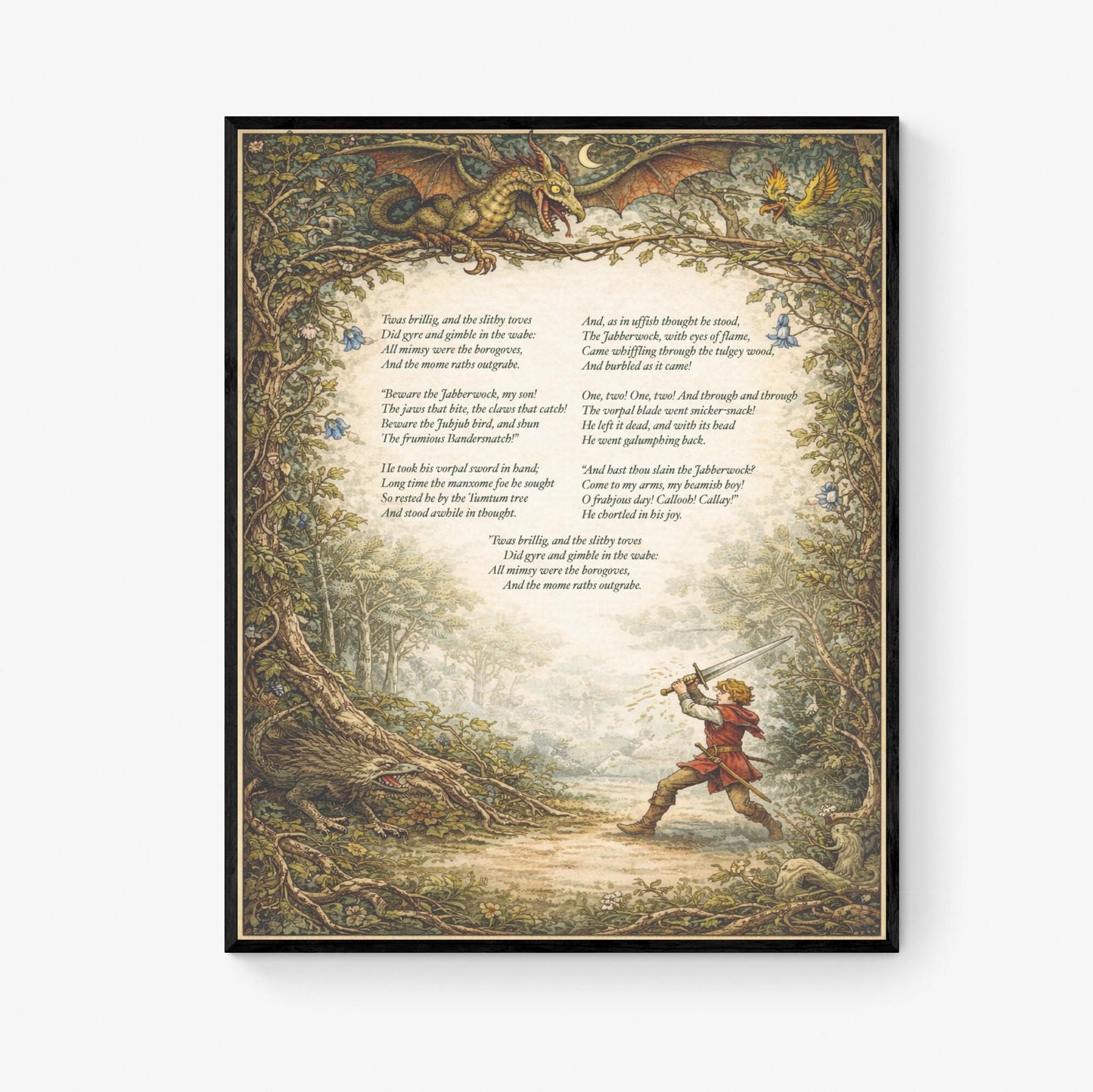 Jabberwocky Art Print | Through The Looking Glass | Lewis Carroll Quote | Vintage Floral | Fairy Tale Home Decor | Literary Poem Poster