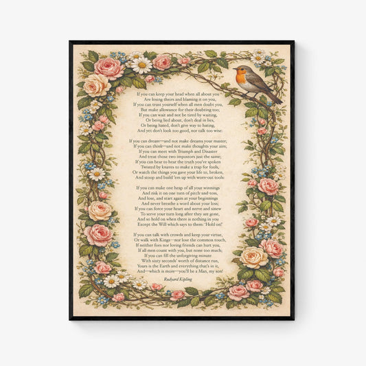 If Poem Art Print | Rudyard Kipling Quote | Vintage Floral | Poetry Home Decor | Literary Poem Poster