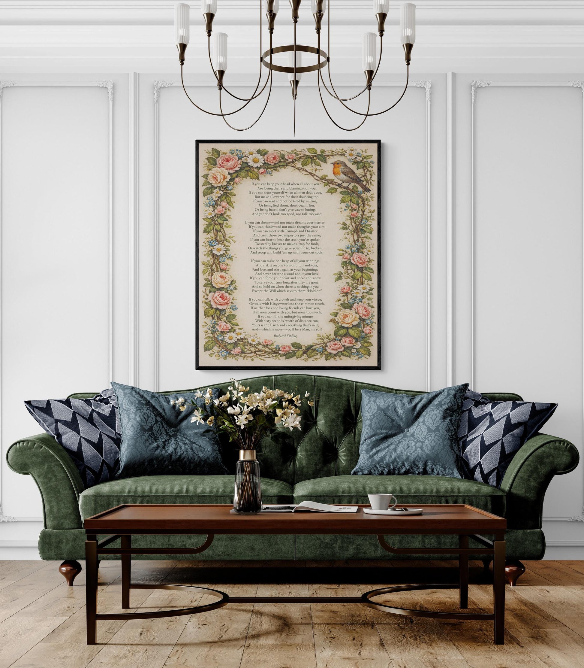 If Poem Art Print | Rudyard Kipling Quote | Vintage Floral | Poetry Home Decor | Literary Poem Poster