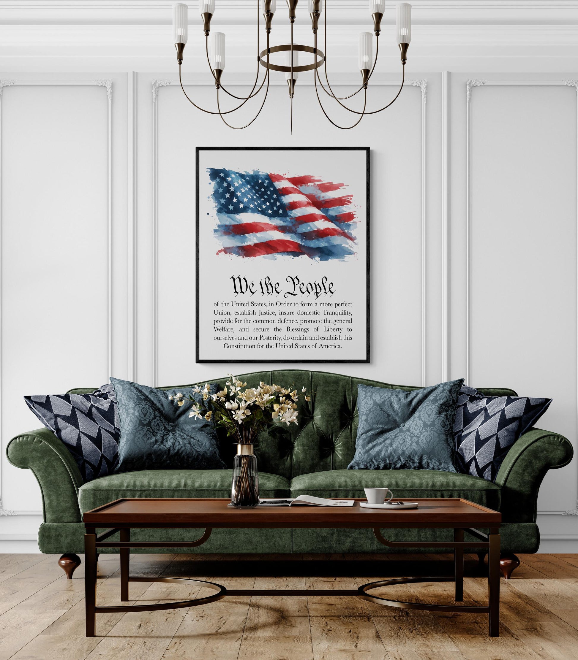 We the People Preamble Art Print – Watercolor American Flag – U.S. Constitution Patriotic Wall Artwork – Historical Home Decor Poster