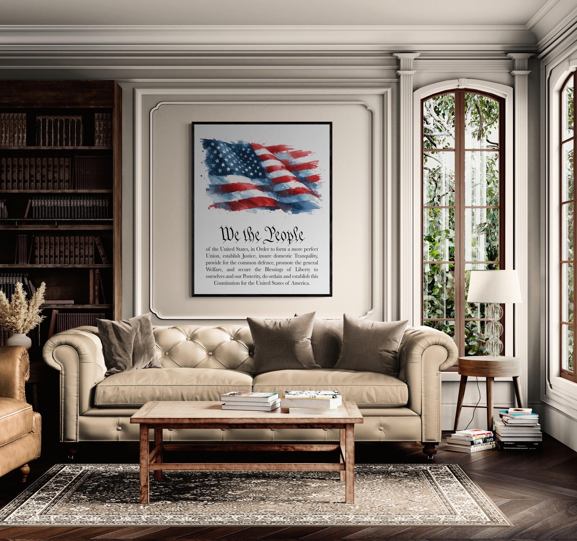 We the People Preamble Art Print – Watercolor American Flag – U.S. Constitution Patriotic Wall Artwork – Historical Home Decor Poster