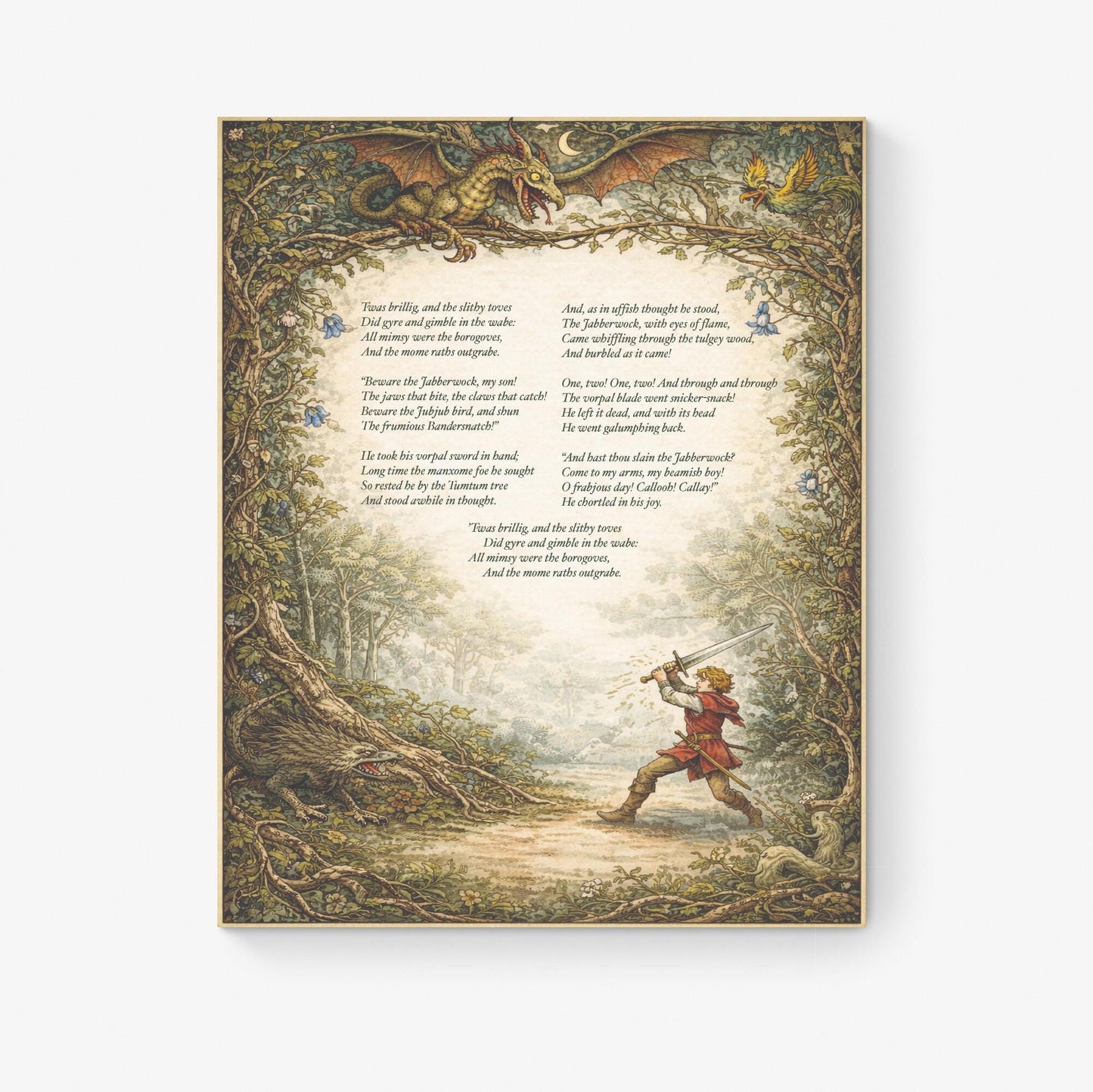 Jabberwocky Art Print | Through The Looking Glass | Lewis Carroll Quote | Vintage Floral | Fairy Tale Home Decor | Literary Poem Poster