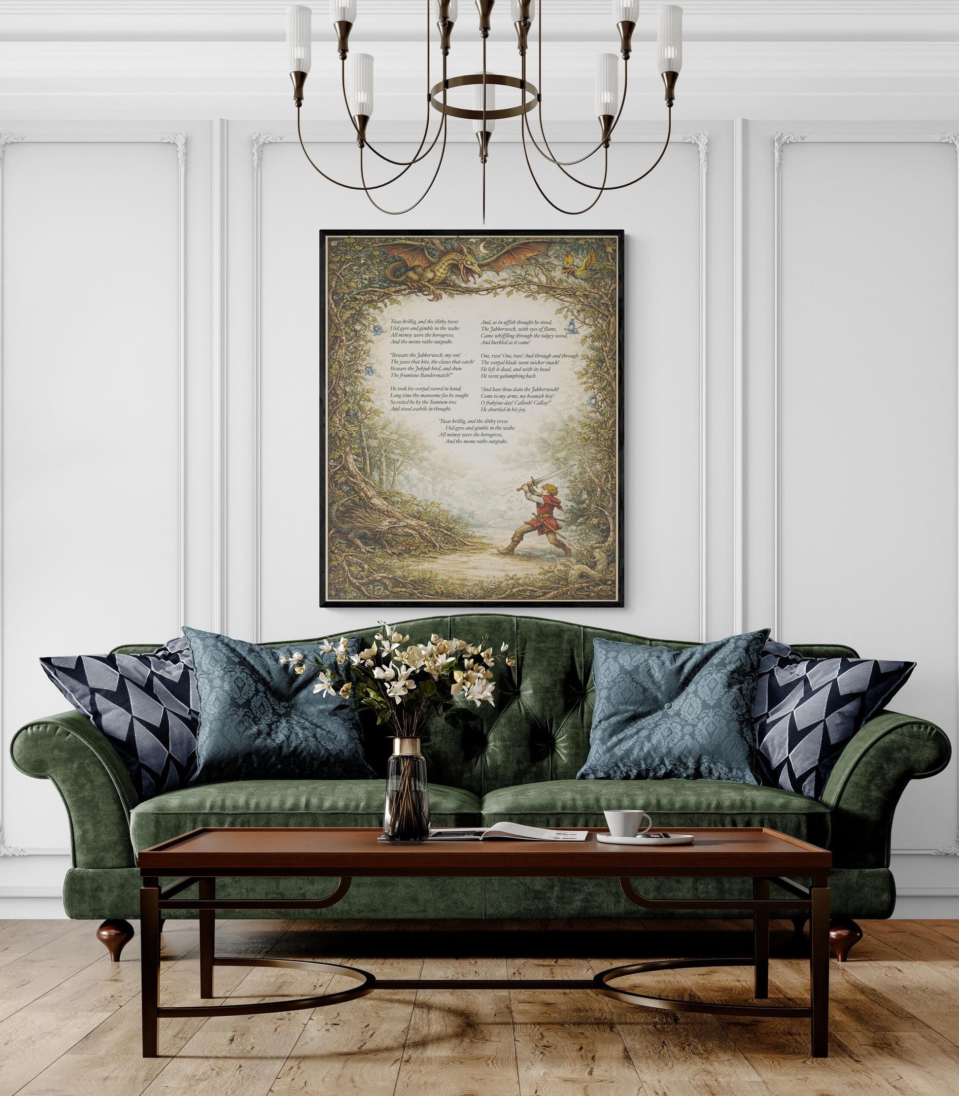 Jabberwocky Art Print | Through The Looking Glass | Lewis Carroll Quote | Vintage Floral | Fairy Tale Home Decor | Literary Poem Poster