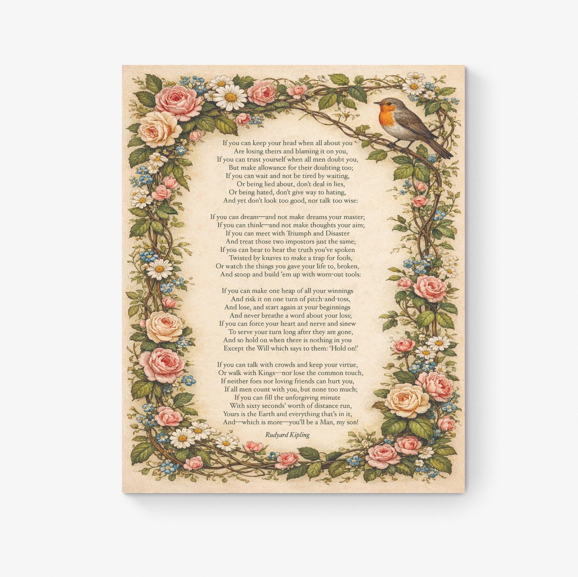 If Poem Art Print | Rudyard Kipling Quote | Vintage Floral | Poetry Home Decor | Literary Poem Poster