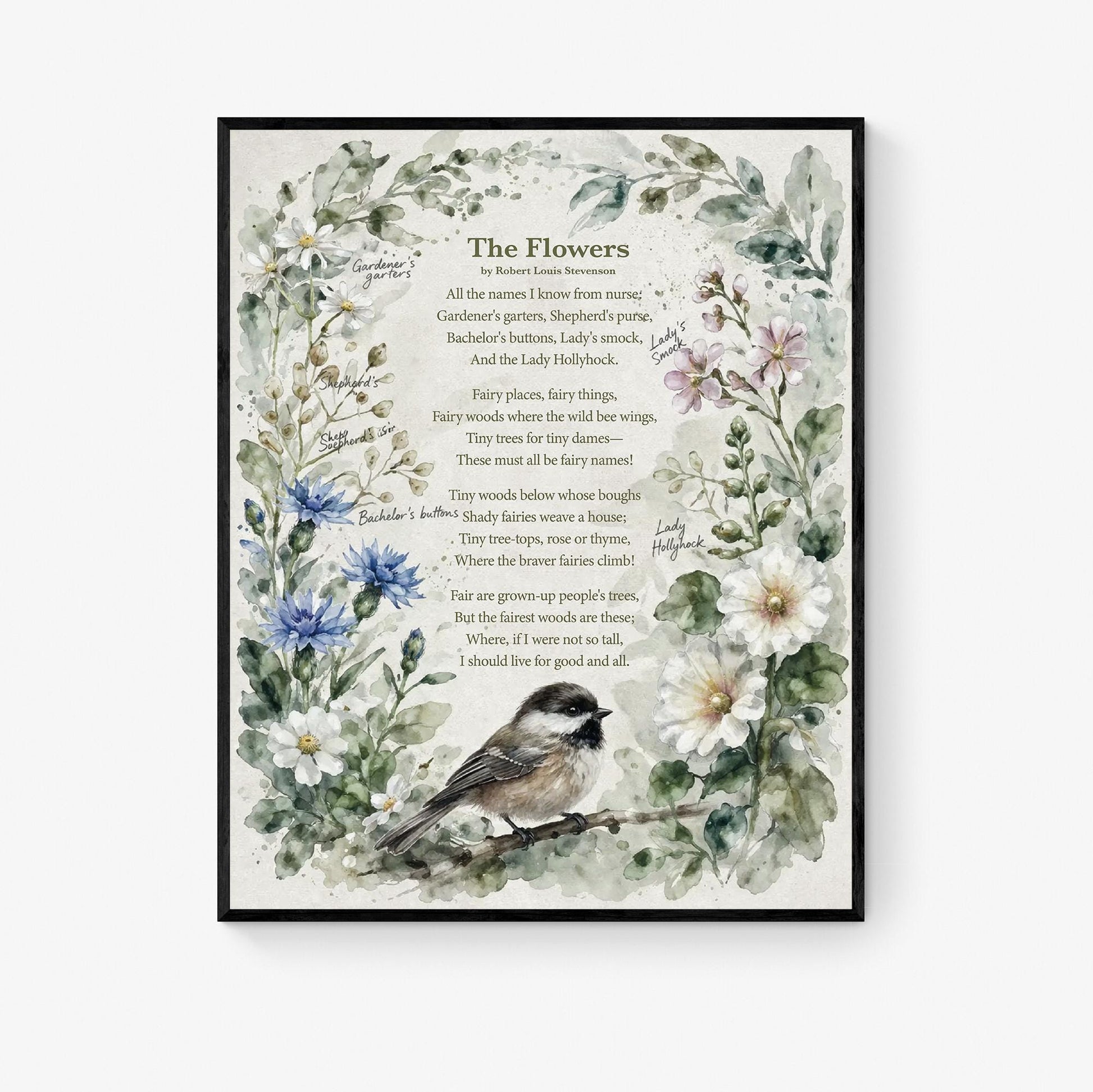 The Flowers Poem Art Print | Robert Louis Stevenson Quote | Vintage Botanical Bird | Floral Home Decor | Literary Book Poster