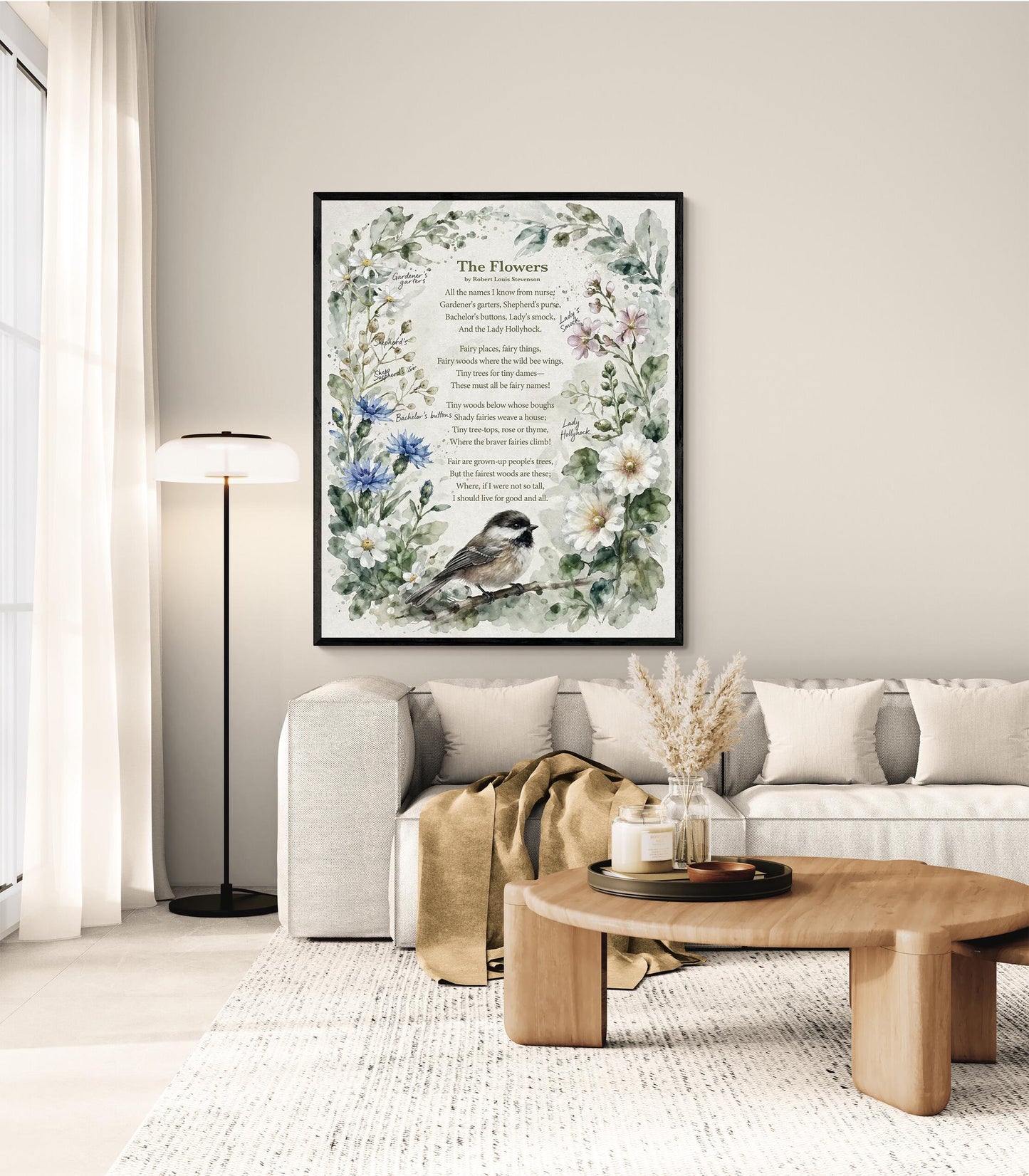 The Flowers Poem Art Print | Robert Louis Stevenson Quote | Vintage Botanical Bird | Floral Home Decor | Literary Book Poster