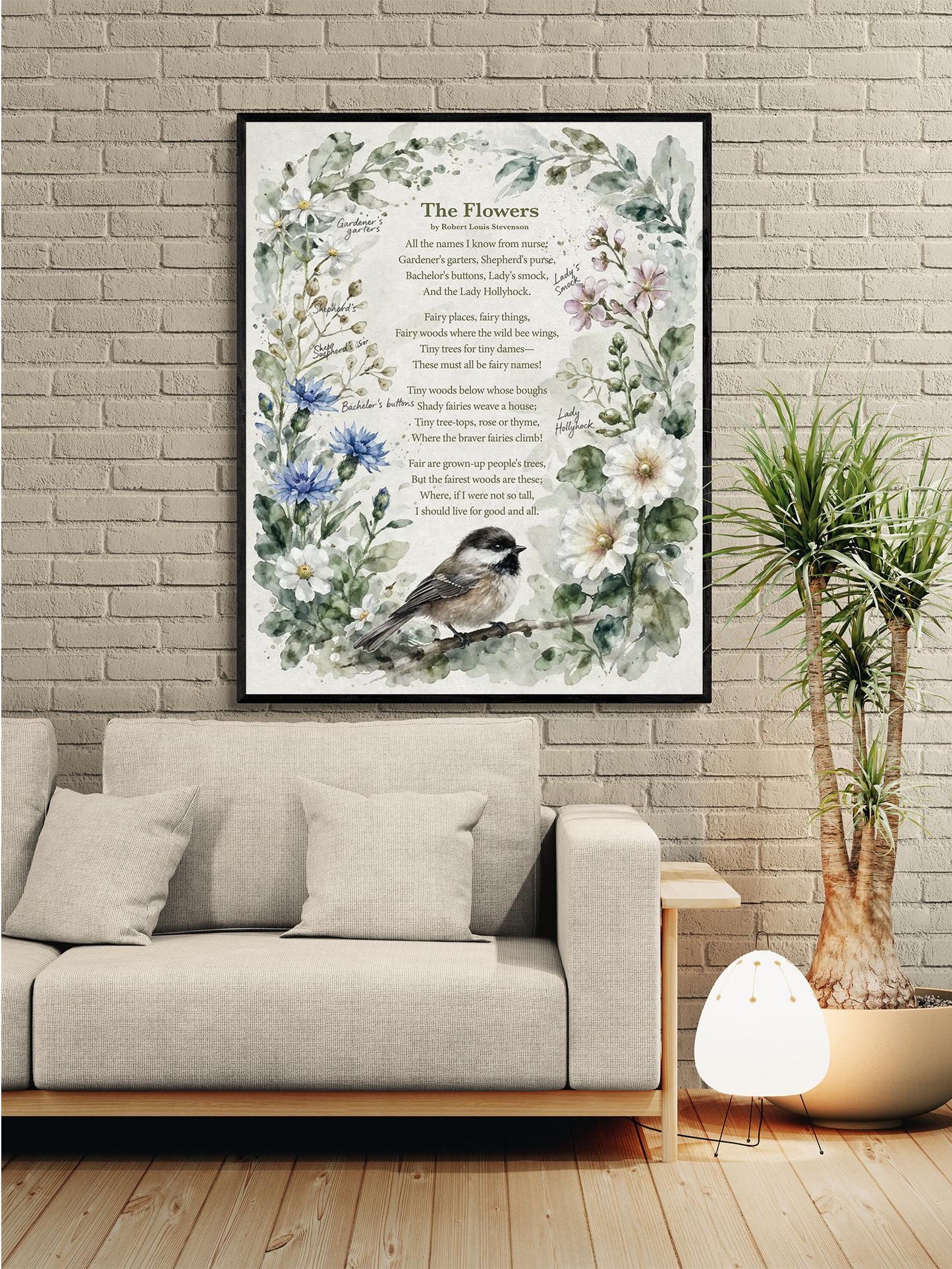 The Flowers Poem Art Print | Robert Louis Stevenson Quote | Vintage Botanical Bird | Floral Home Decor | Literary Book Poster