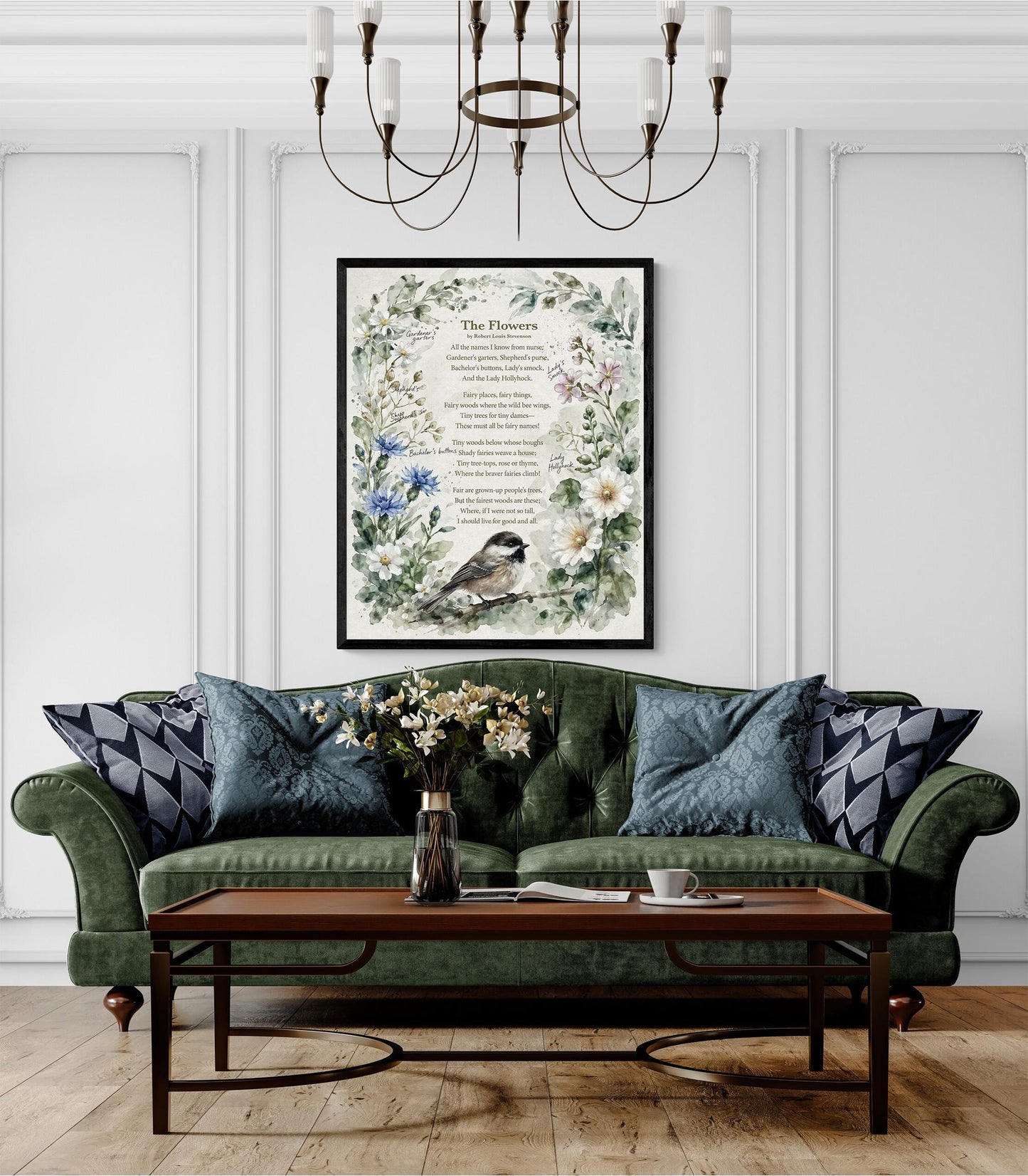 The Flowers Poem Art Print | Robert Louis Stevenson Quote | Vintage Botanical Bird | Floral Home Decor | Literary Book Poster