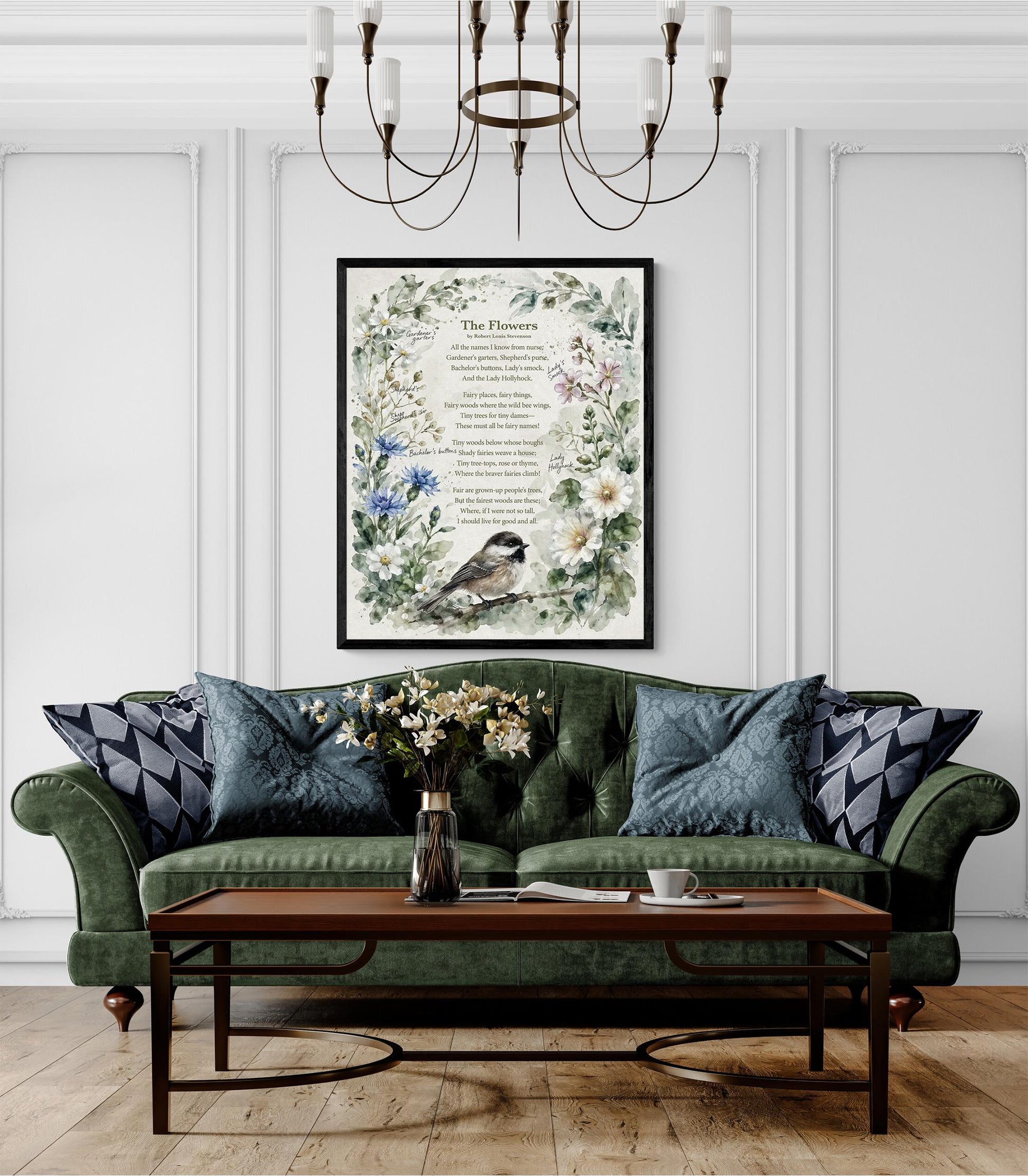 The Flowers Poem Art Print | Robert Louis Stevenson Quote | Vintage Botanical Bird | Floral Home Decor | Literary Book Poster