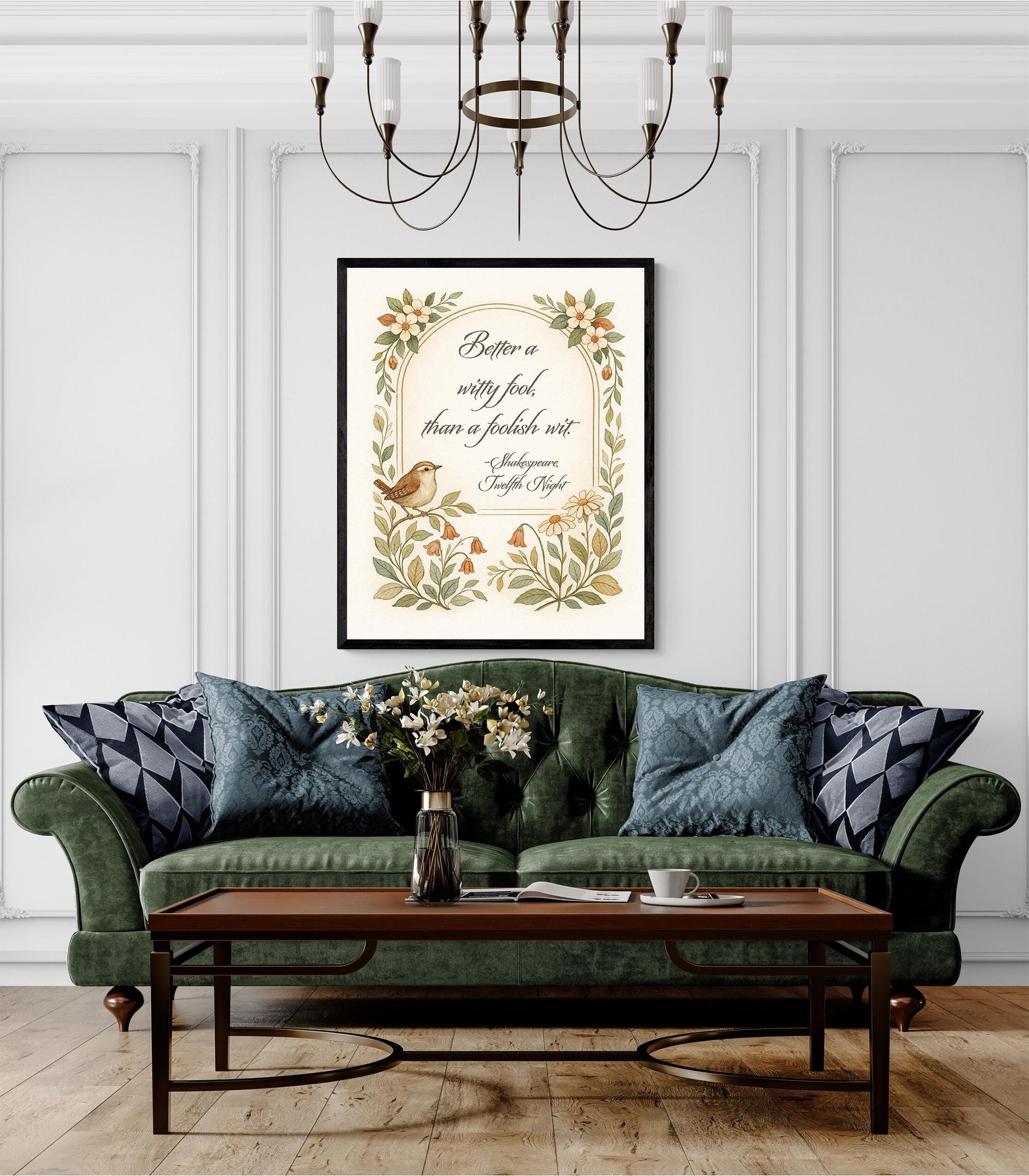 Shakespeare Quote Art Print | Better A Witty Fool | Twelfth Night | Vintage Floral Bird | Literary | English Humor | Home Decor Poster