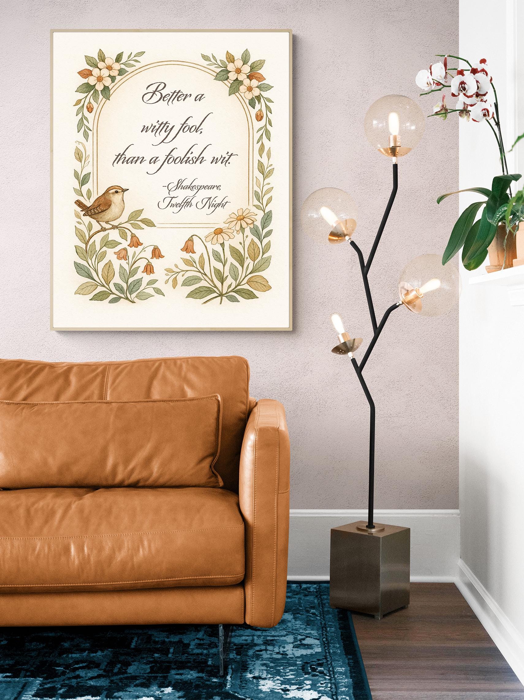 Shakespeare Quote Art Print | Better A Witty Fool | Twelfth Night | Vintage Floral Bird | Literary | English Humor | Home Decor Poster