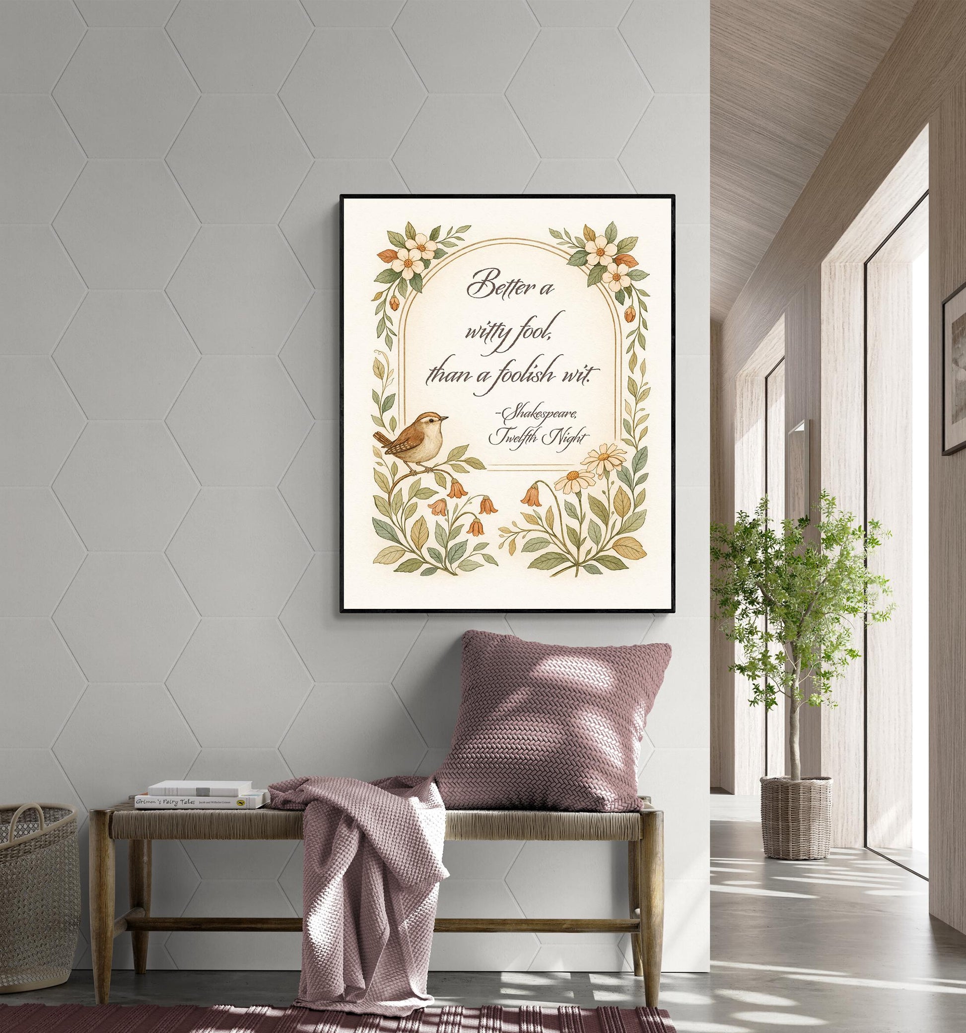 Shakespeare Quote Art Print | Better A Witty Fool | Twelfth Night | Vintage Floral Bird | Literary | English Humor | Home Decor Poster