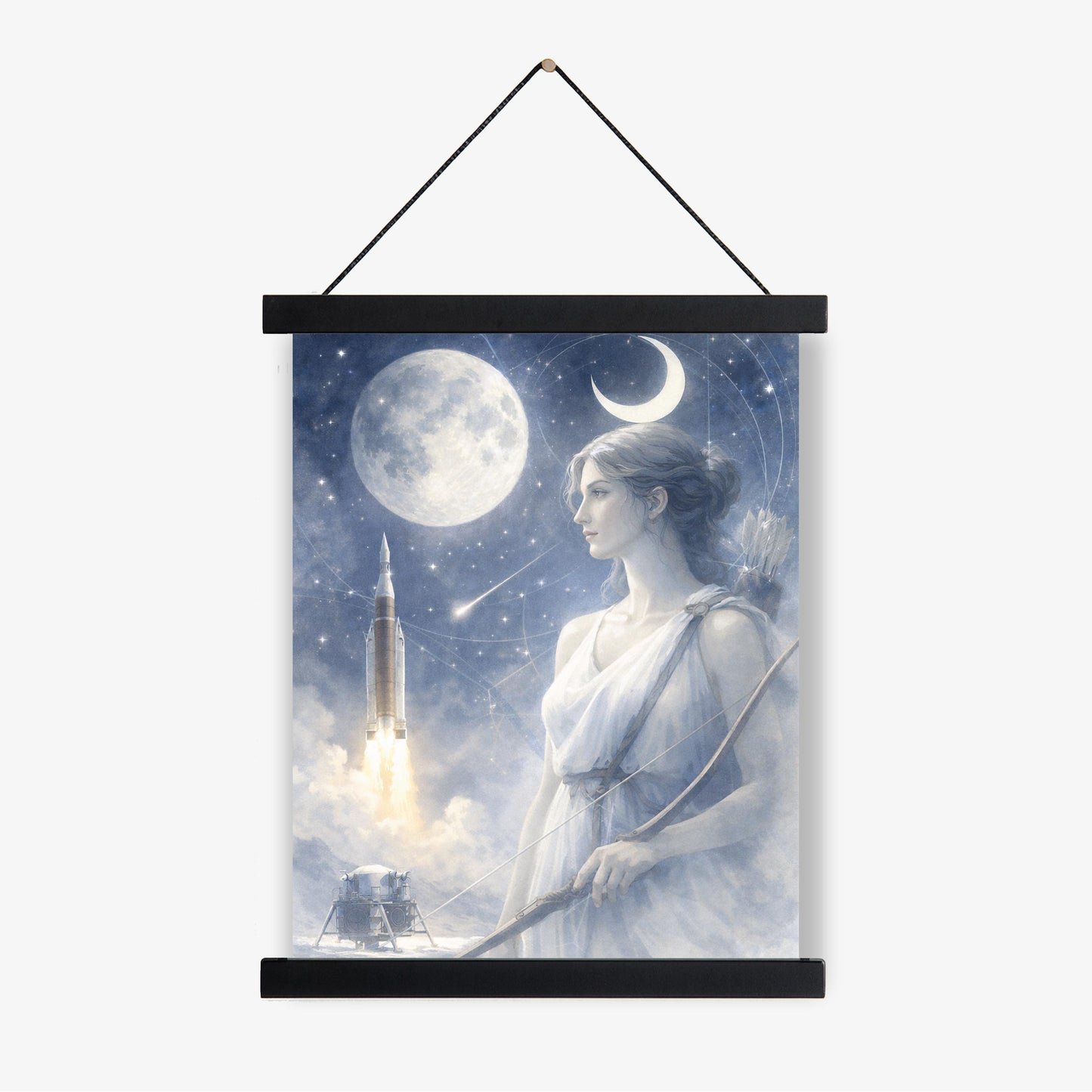 Artemis Moon Goddess Art Print | Ethereal Lunar Space Wall Art | Celestial Mythology Decor | Moon & Rocket Fine Art Print