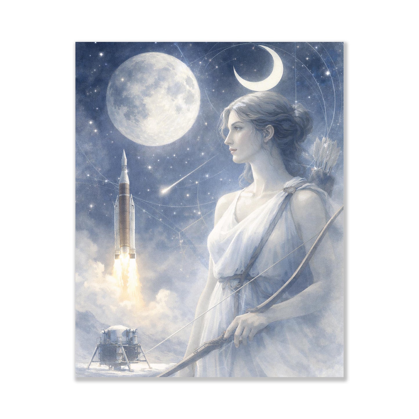 Artemis Moon Goddess Art Print | Ethereal Lunar Space Wall Art | Celestial Mythology Decor | Moon & Rocket Fine Art Print