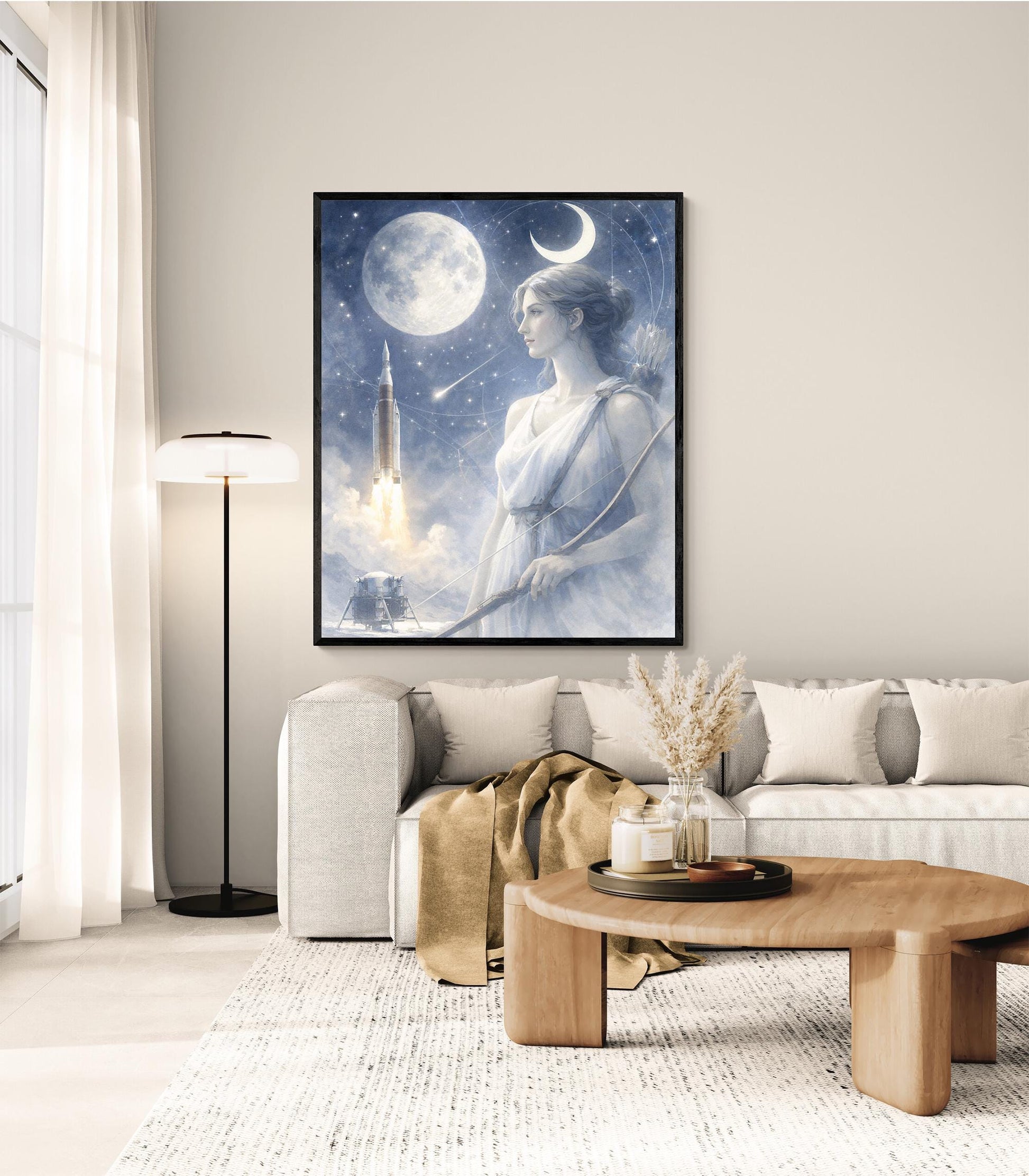 Artemis Moon Goddess Art Print | Ethereal Lunar Space Wall Art | Celestial Mythology Decor | Moon & Rocket Fine Art Print