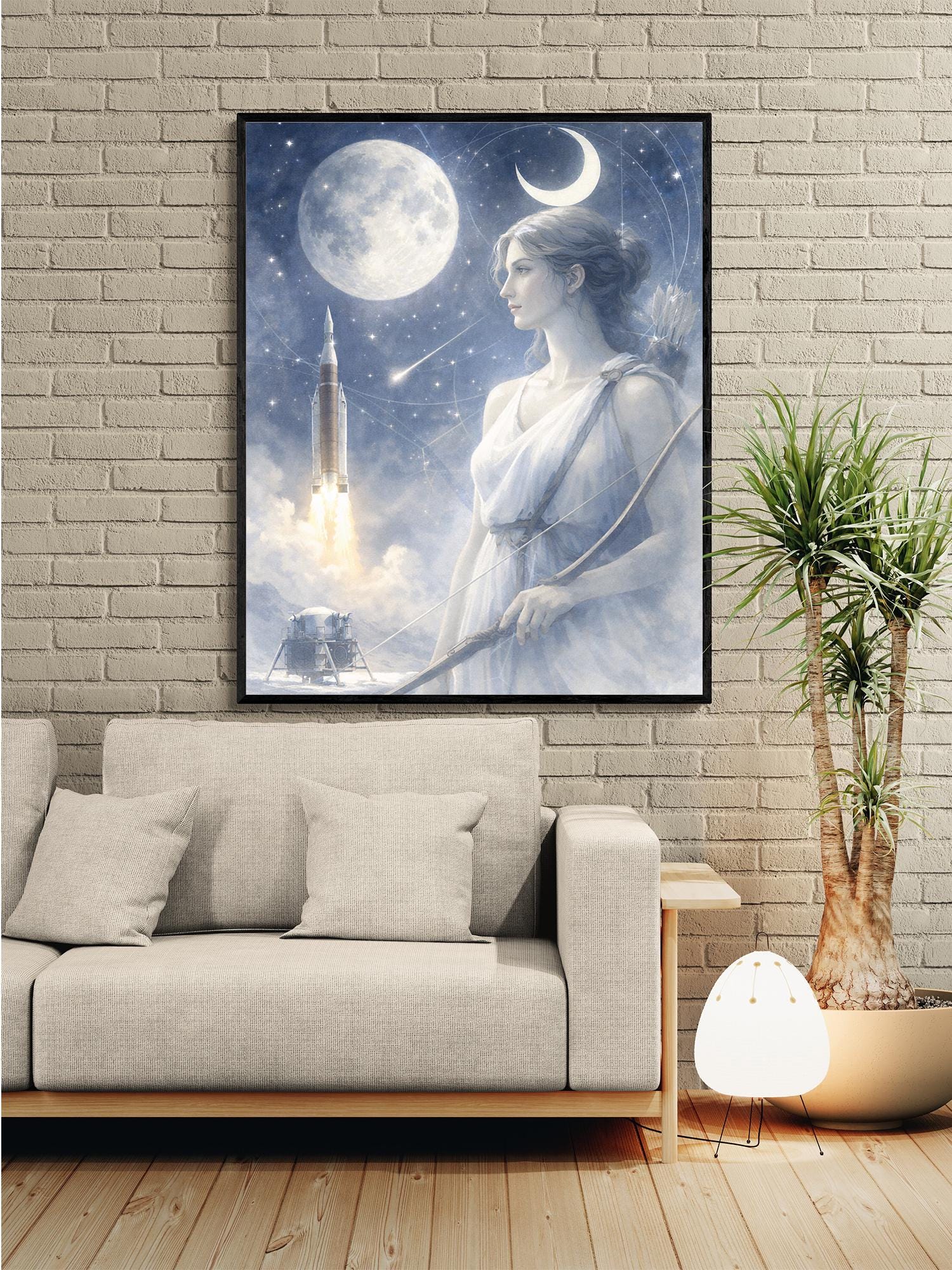 Artemis Moon Goddess Art Print | Ethereal Lunar Space Wall Art | Celestial Mythology Decor | Moon & Rocket Fine Art Print
