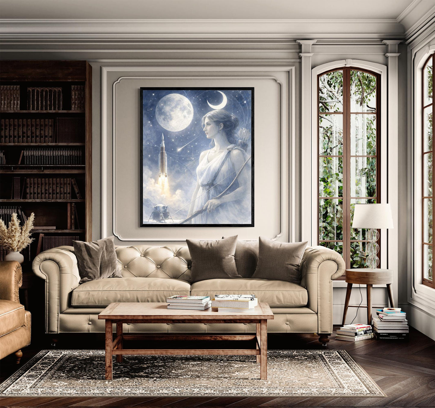 Artemis Moon Goddess Art Print | Ethereal Lunar Space Wall Art | Celestial Mythology Decor | Moon & Rocket Fine Art Print