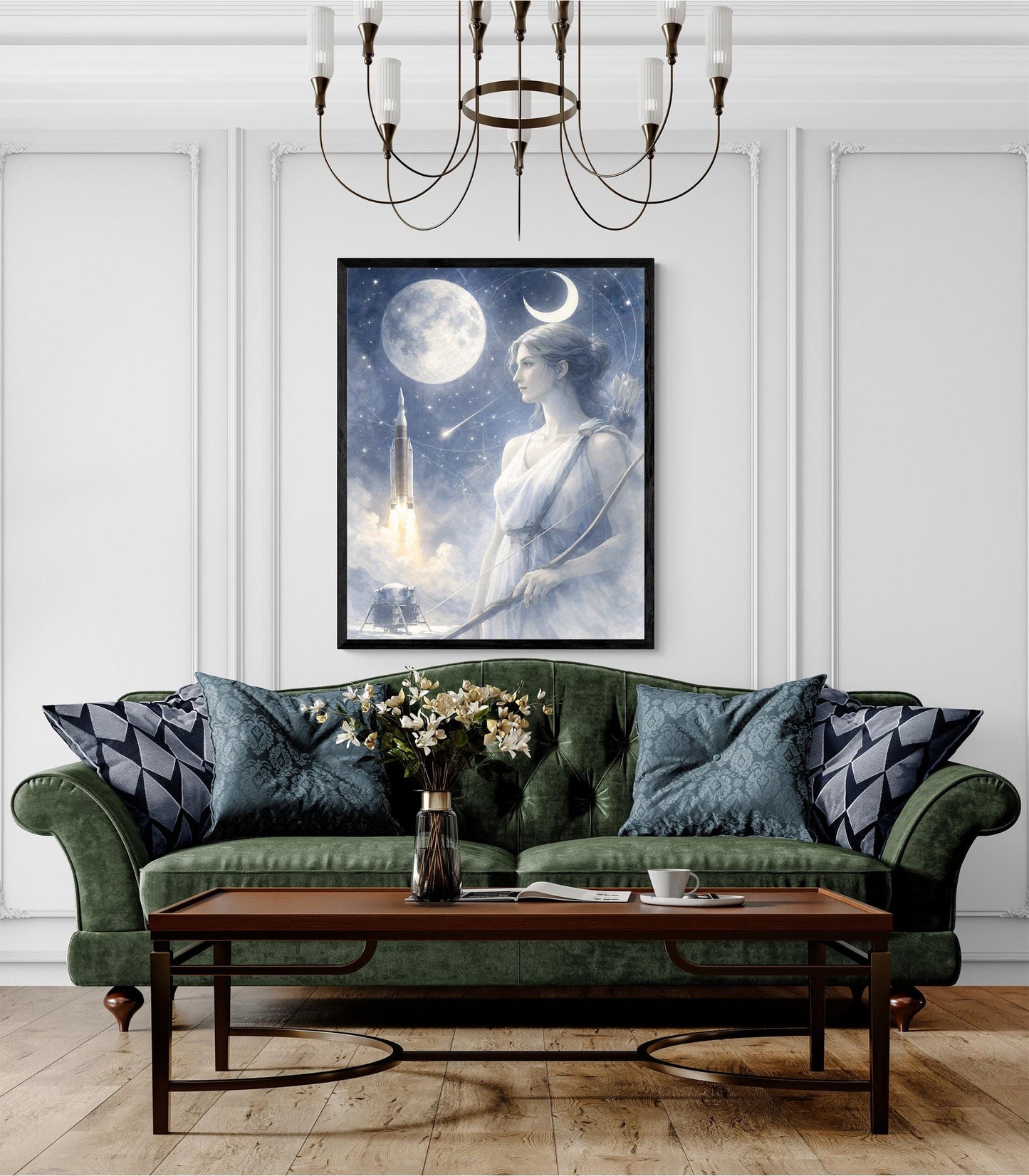 Artemis Moon Goddess Art Print | Ethereal Lunar Space Wall Art | Celestial Mythology Decor | Moon & Rocket Fine Art Print