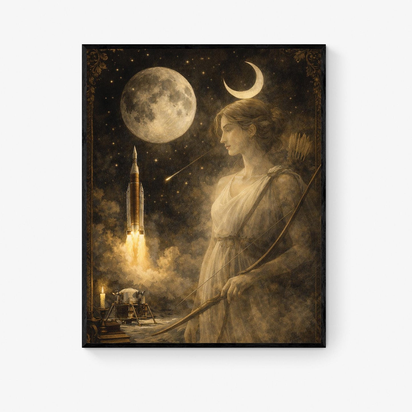 Artemis Moon Goddess Art Print | Dark Academia Celestial Wall Artwork | Vintage Lunar Space | Mythology & Rocket Decor