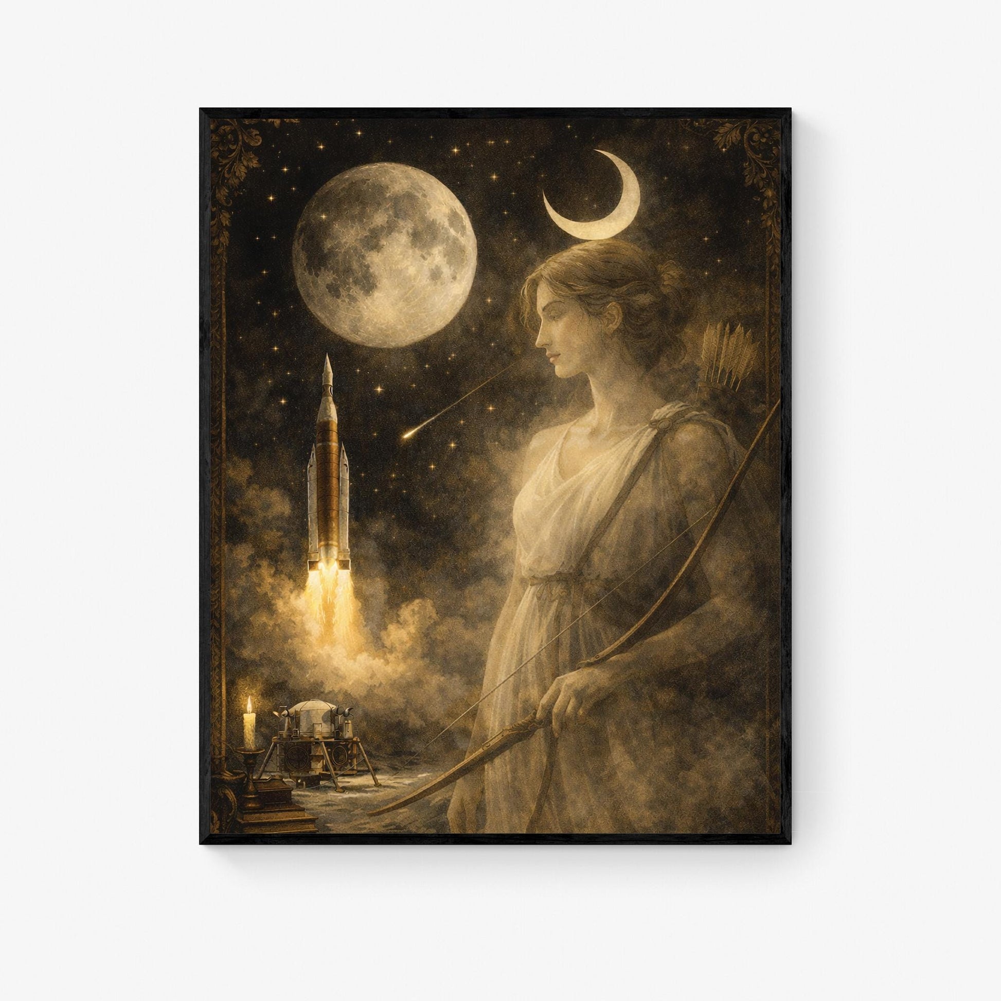 Artemis Moon Goddess Art Print | Dark Academia Celestial Wall Artwork | Vintage Lunar Space | Mythology & Rocket Decor