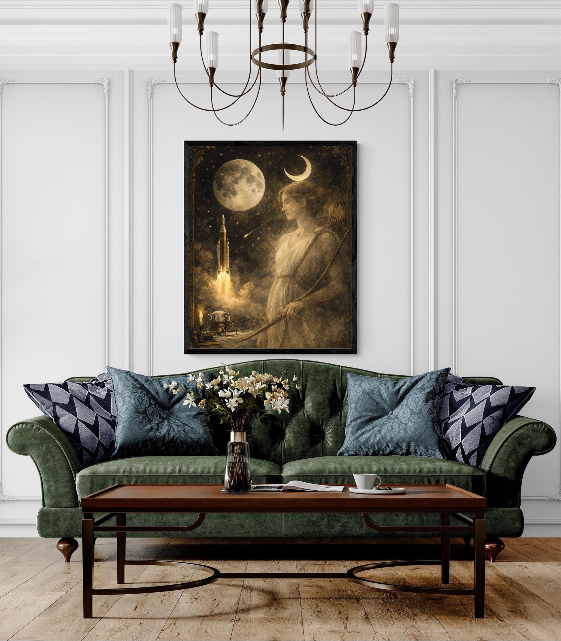 Artemis Moon Goddess Art Print | Dark Academia Celestial Wall Artwork | Vintage Lunar Space | Mythology & Rocket Decor
