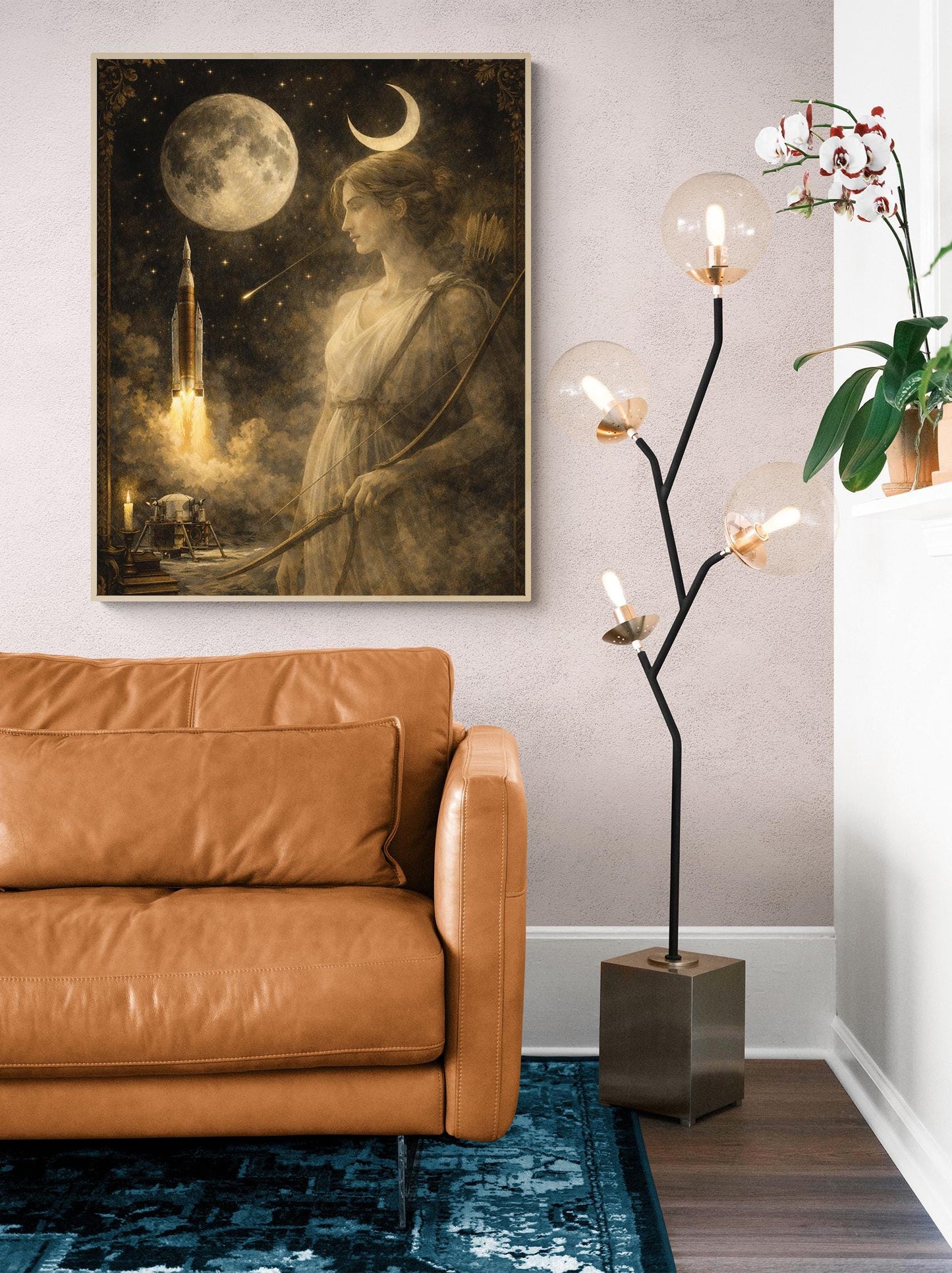 Artemis Moon Goddess Art Print | Dark Academia Celestial Wall Artwork | Vintage Lunar Space | Mythology & Rocket Decor