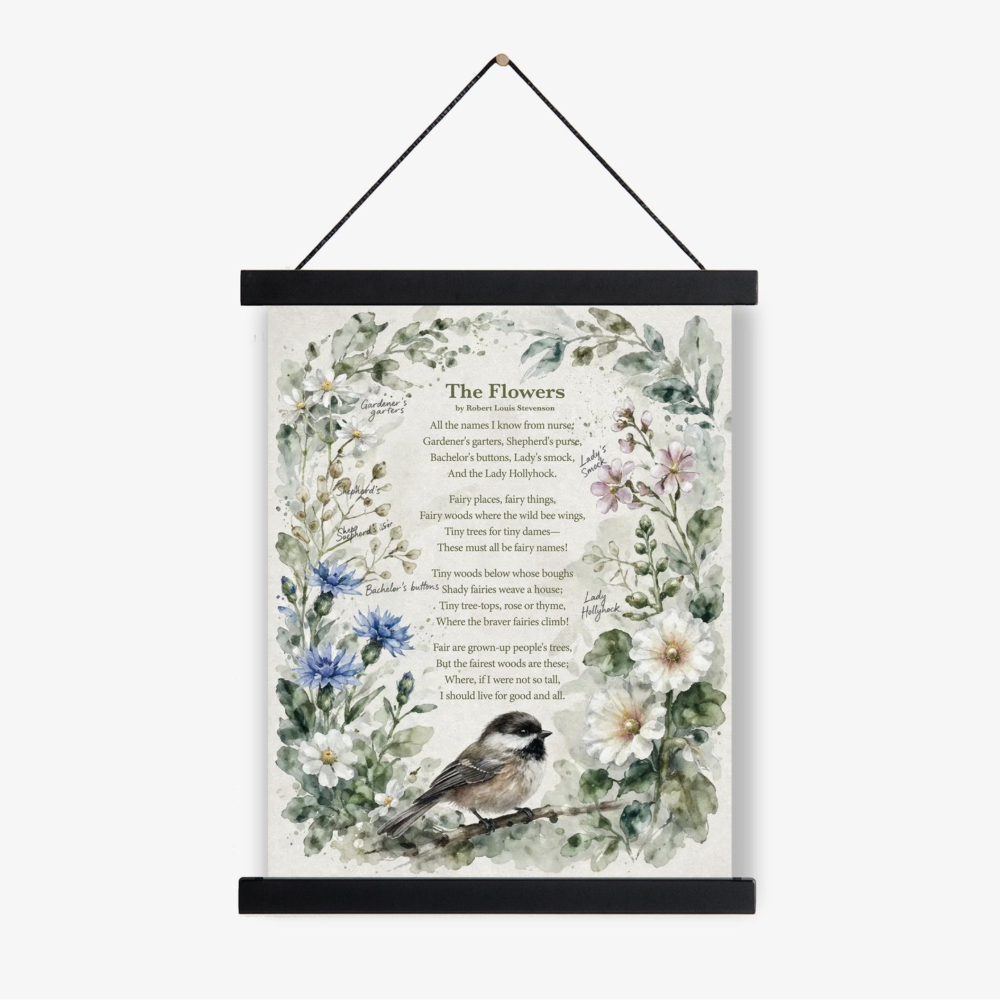 The Flowers Poem Art Print | Robert Louis Stevenson Quote | Vintage Botanical Bird | Floral Home Decor | Literary Book Poster
