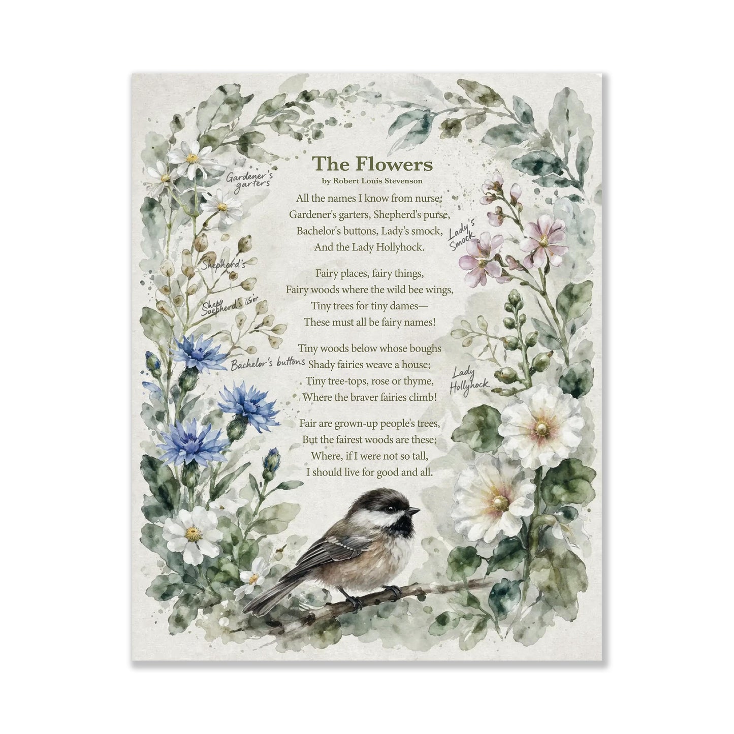 The Flowers Poem Art Print | Robert Louis Stevenson Quote | Vintage Botanical Bird | Floral Home Decor | Literary Book Poster
