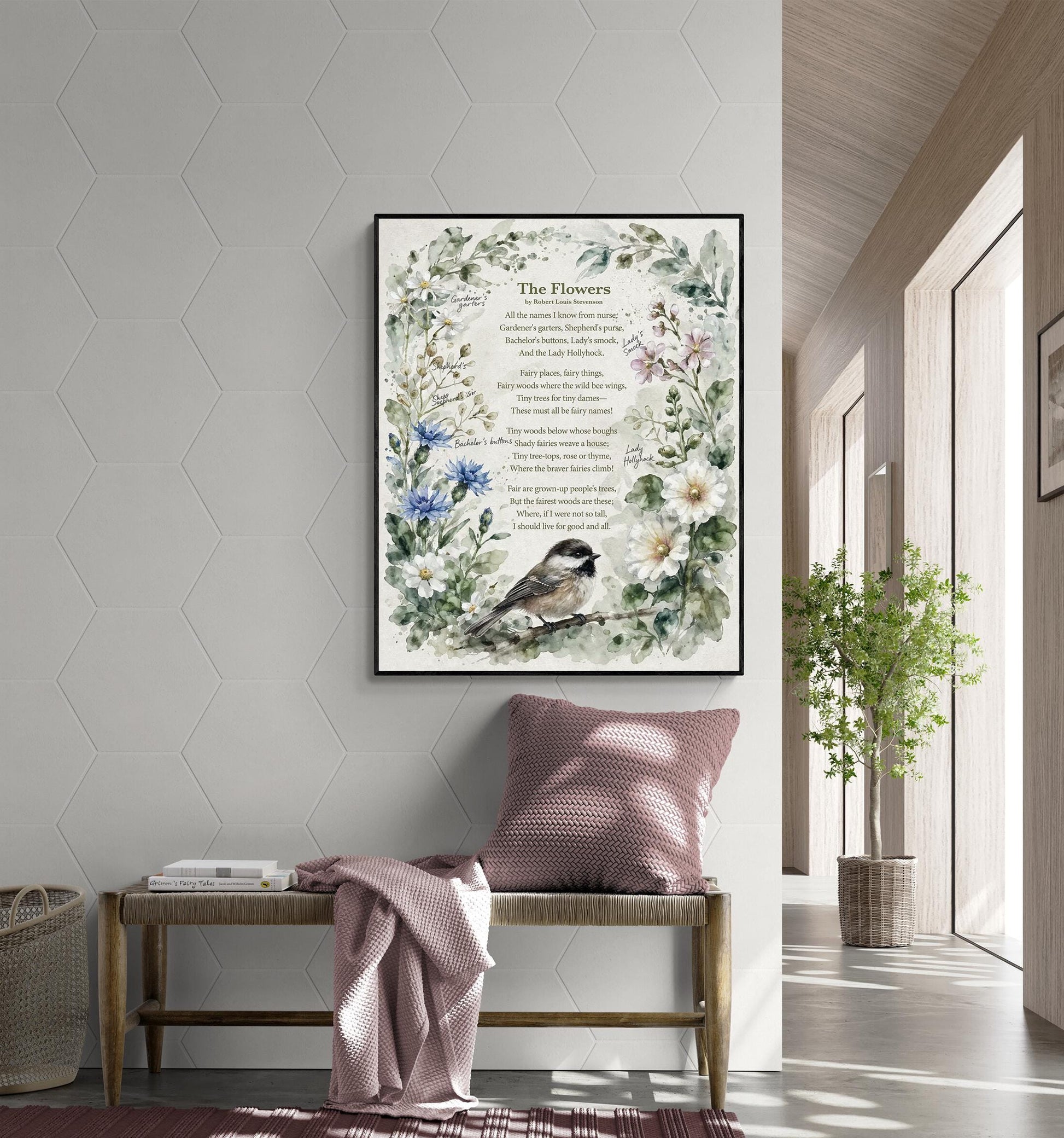 The Flowers Poem Art Print | Robert Louis Stevenson Quote | Vintage Botanical Bird | Floral Home Decor | Literary Book Poster