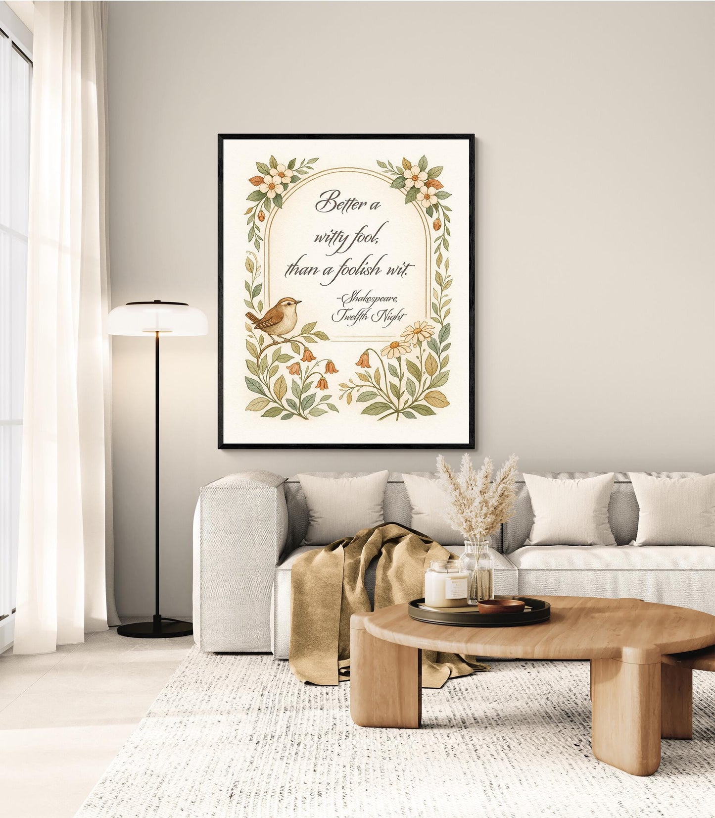 Shakespeare Quote Art Print | Better A Witty Fool | Twelfth Night | Vintage Floral Bird | Literary | English Humor | Home Decor Poster