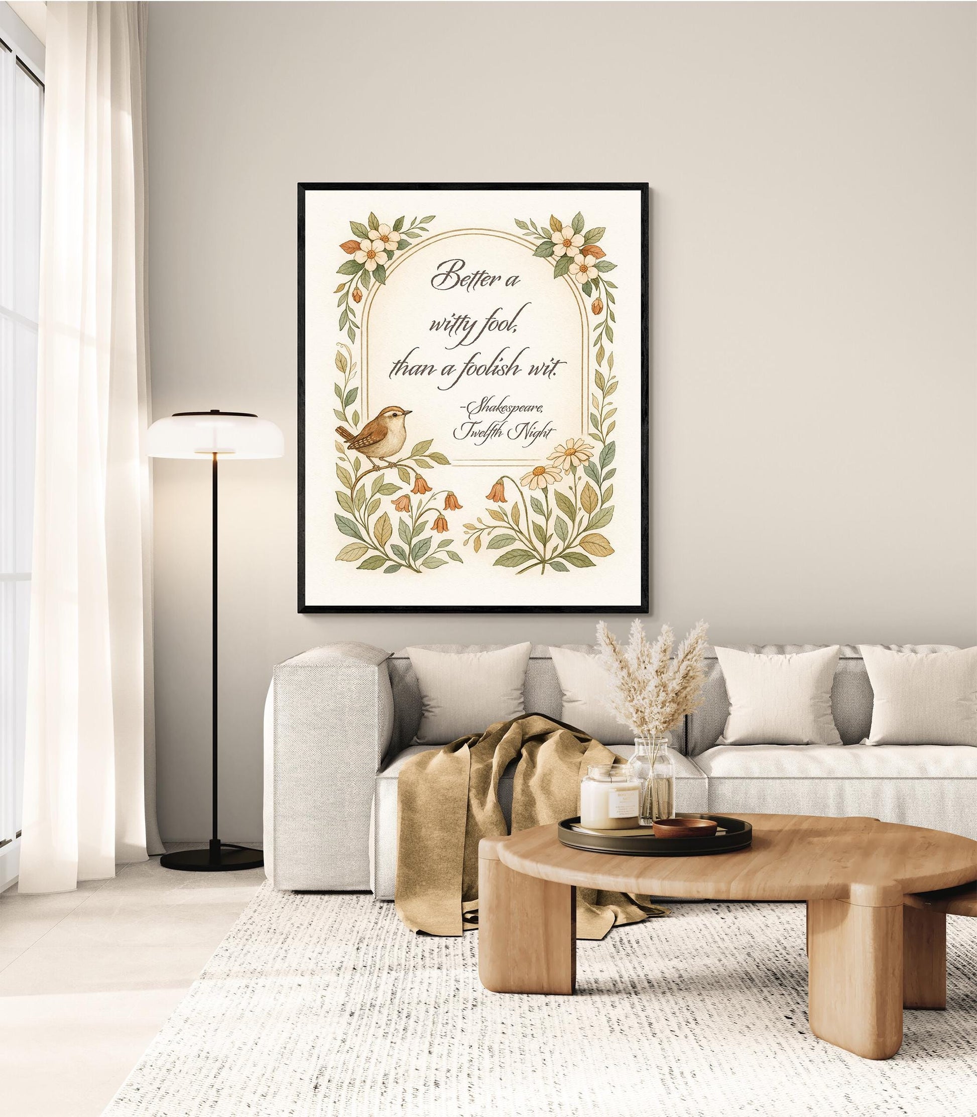 Shakespeare Quote Art Print | Better A Witty Fool | Twelfth Night | Vintage Floral Bird | Literary | English Humor | Home Decor Poster