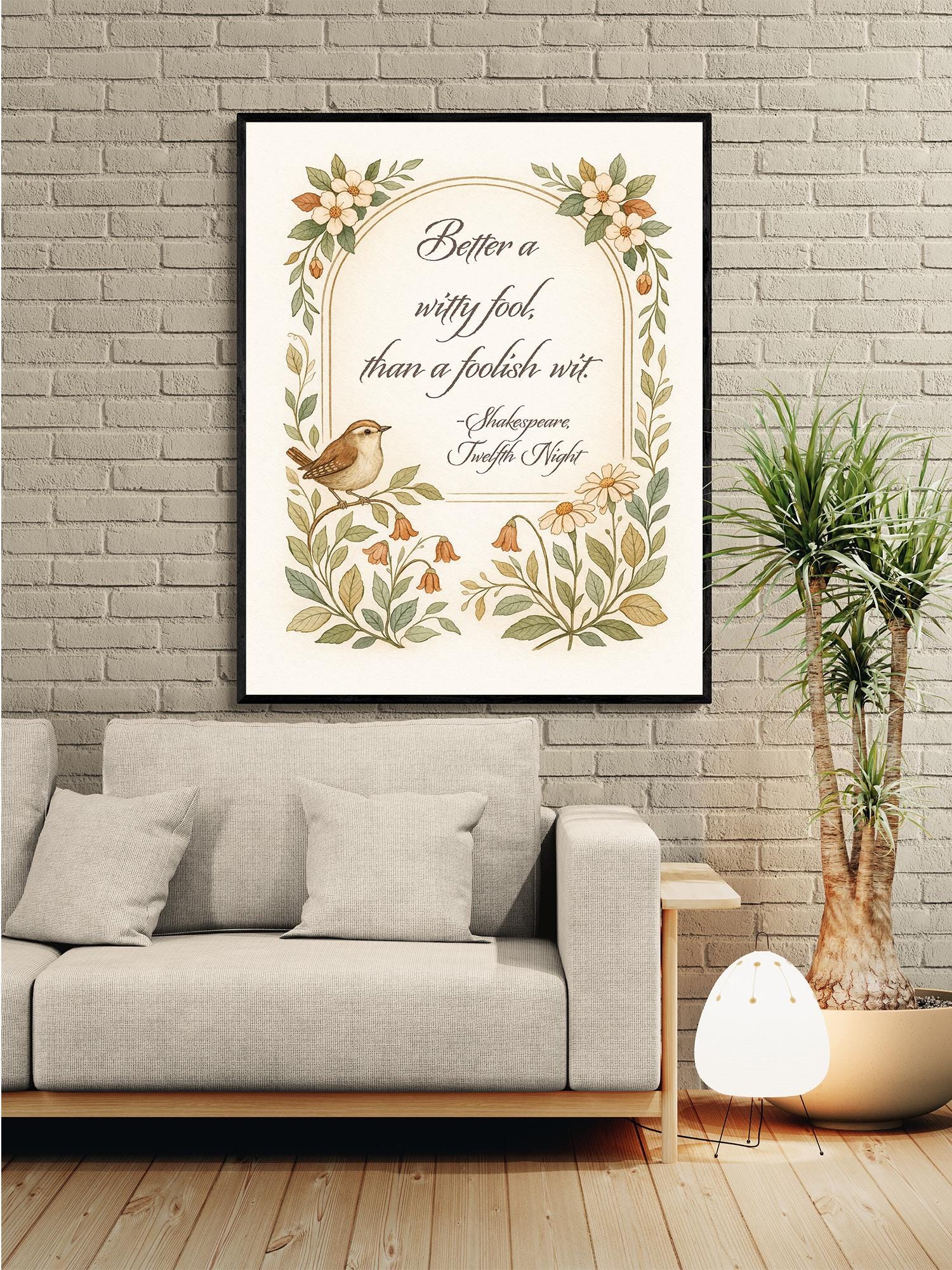 Shakespeare Quote Art Print | Better A Witty Fool | Twelfth Night | Vintage Floral Bird | Literary | English Humor | Home Decor Poster