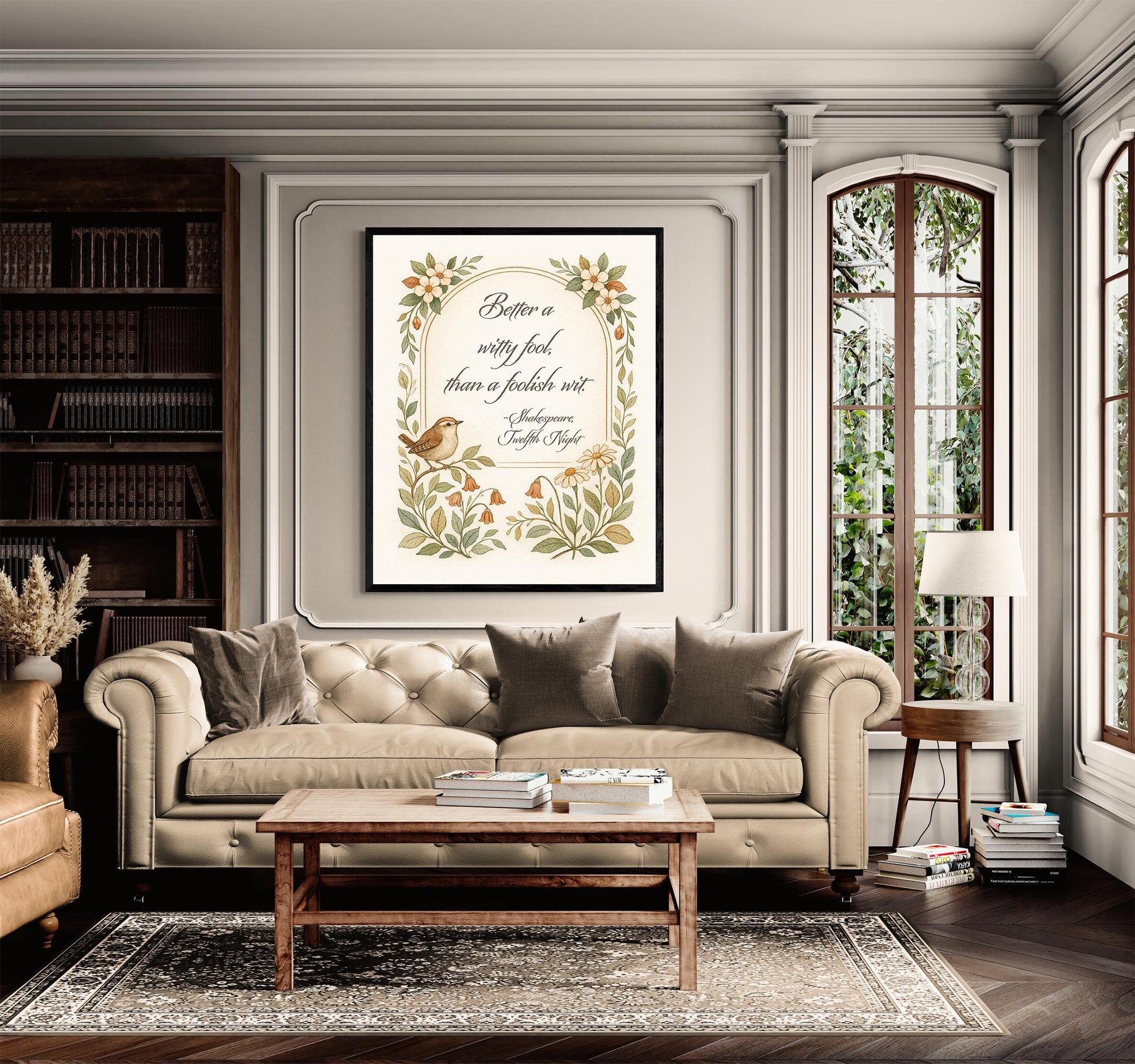 Shakespeare Quote Art Print | Better A Witty Fool | Twelfth Night | Vintage Floral Bird | Literary | English Humor | Home Decor Poster