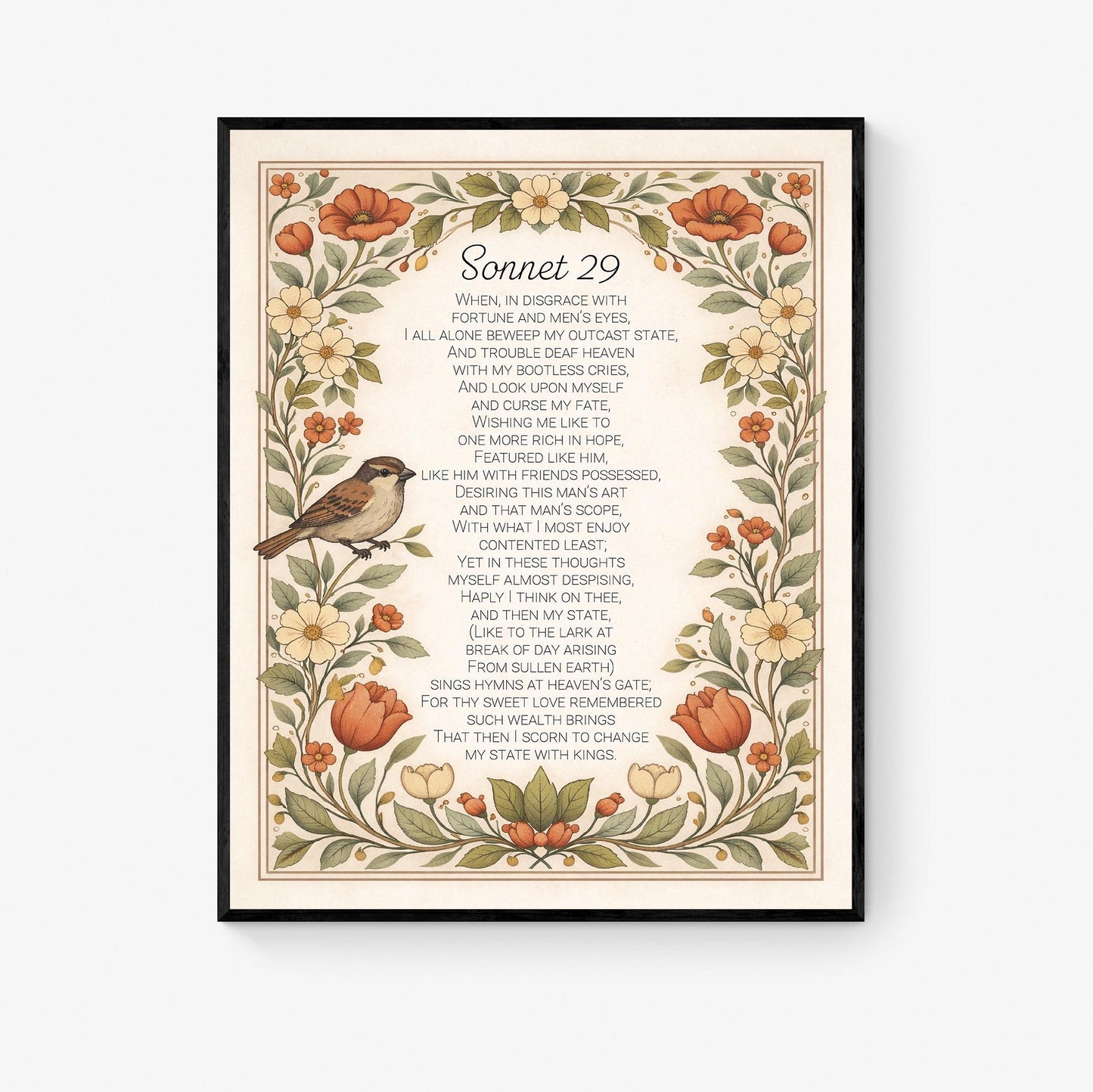 Shakespeare Sonnet 29 Art Print | For Thy Sweet Love Remembered | Classic Literary Artwork | Home Decor | Living Room Vintage Floral Poster