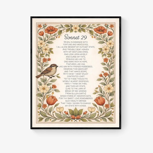 Shakespeare Sonnet 29 Art Print | For Thy Sweet Love Remembered | Classic Literary Artwork | Home Decor | Living Room Vintage Floral Poster