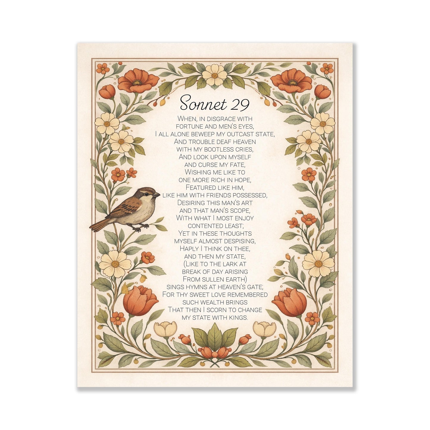 Shakespeare Sonnet 29 Art Print | For Thy Sweet Love Remembered | Classic Literary Artwork | Home Decor | Living Room Vintage Floral Poster