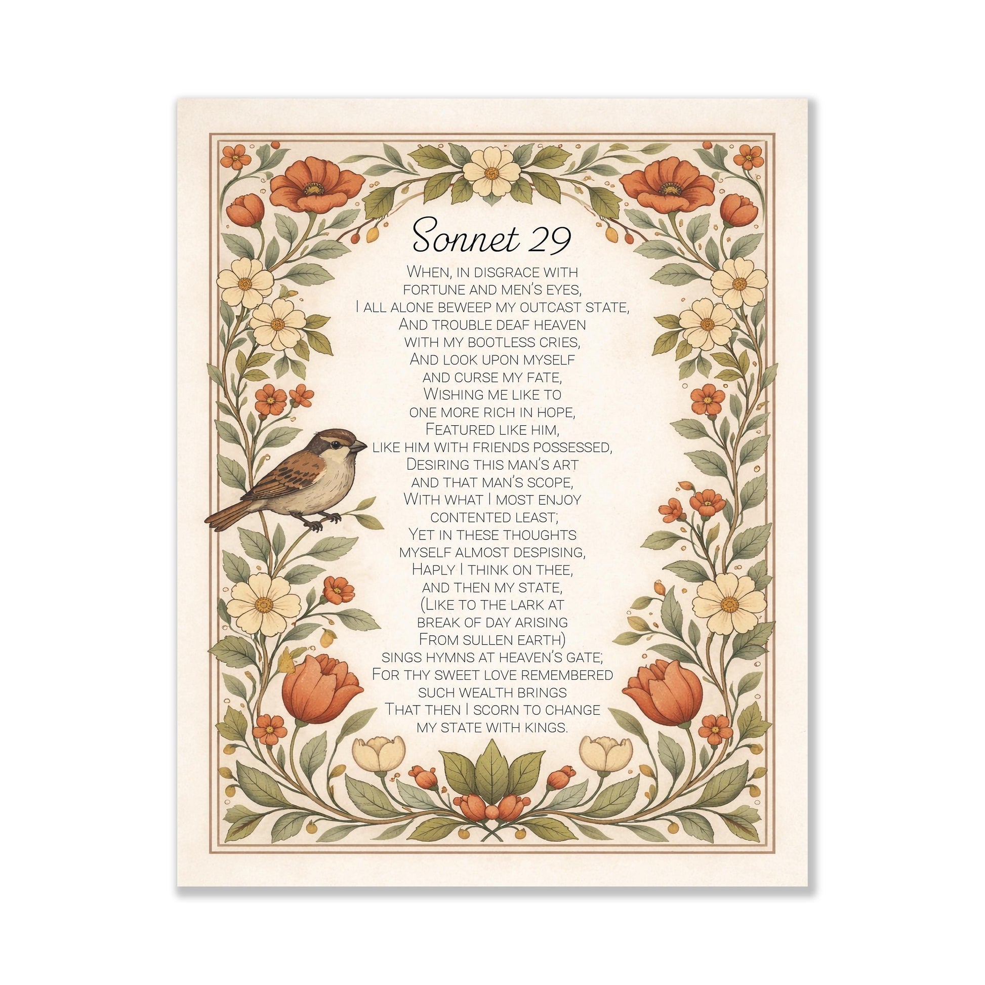 Shakespeare Sonnet 29 Art Print | For Thy Sweet Love Remembered | Classic Literary Artwork | Home Decor | Living Room Vintage Floral Poster
