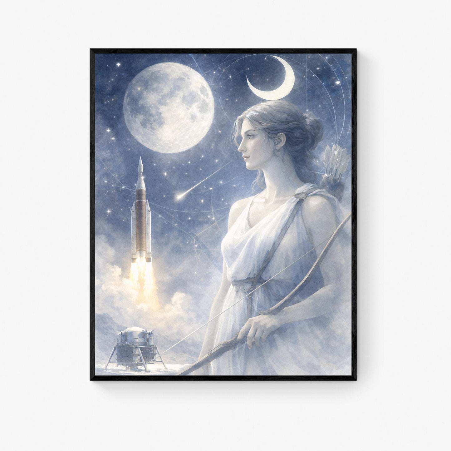 Artemis Moon Goddess Art Print | Ethereal Lunar Space Wall Art | Celestial Mythology Decor | Moon & Rocket Fine Art Print