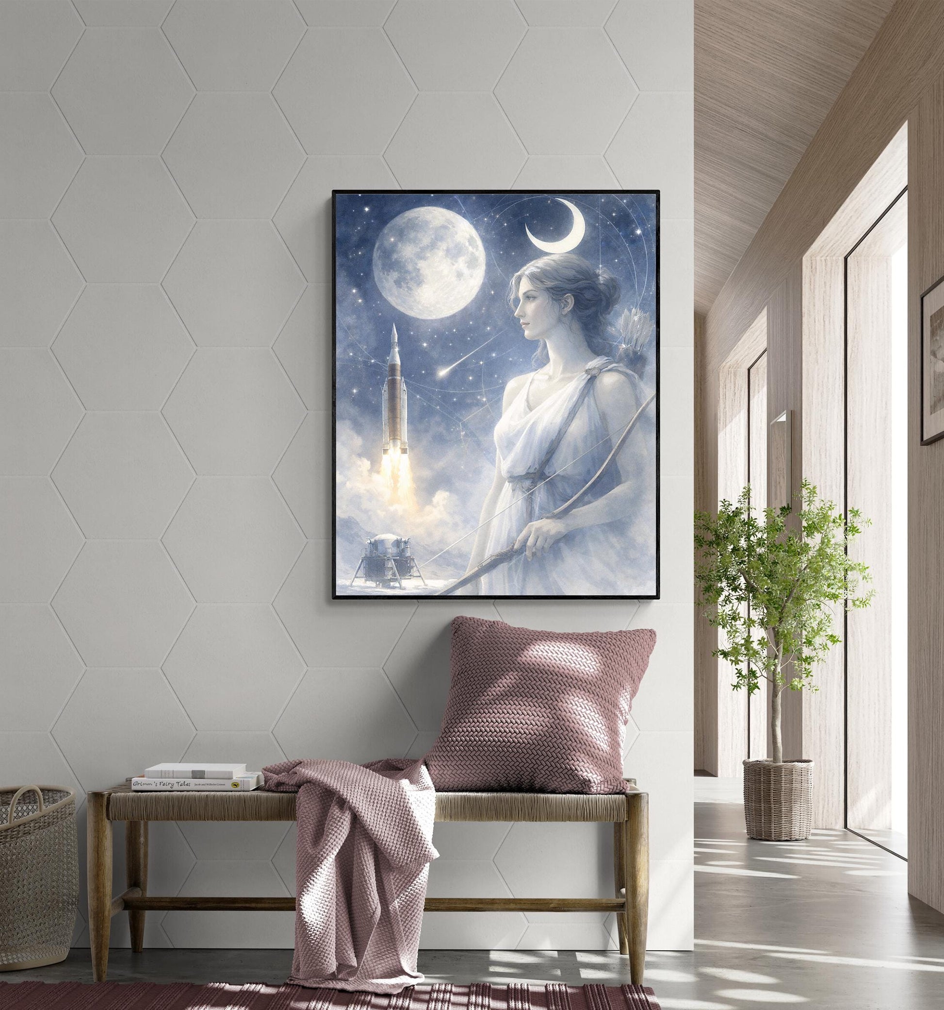 Artemis Moon Goddess Art Print | Ethereal Lunar Space Wall Art | Celestial Mythology Decor | Moon & Rocket Fine Art Print