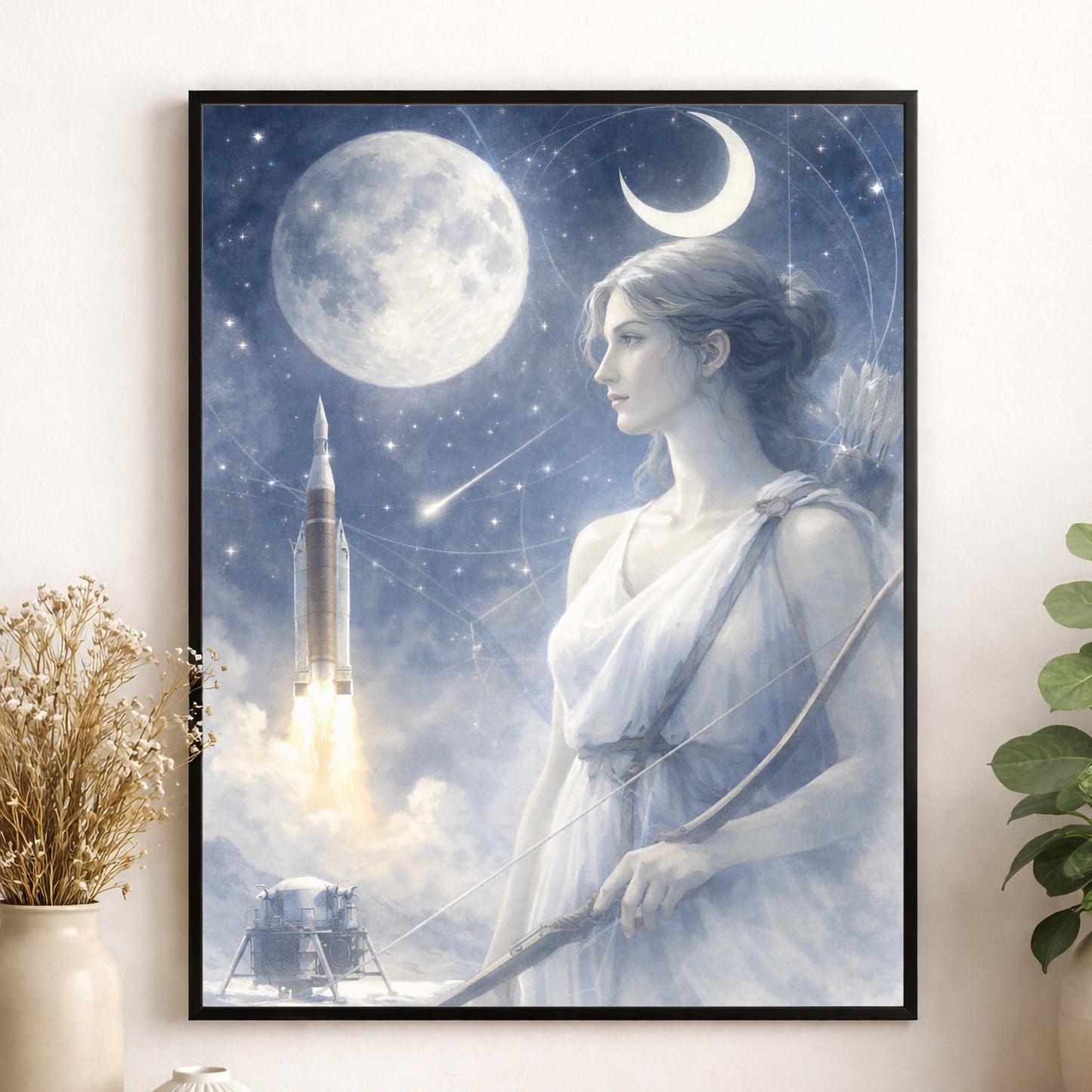 Artemis Moon Goddess Art Print | Ethereal Lunar Space Wall Art | Celestial Mythology Decor | Moon & Rocket Fine Art Print