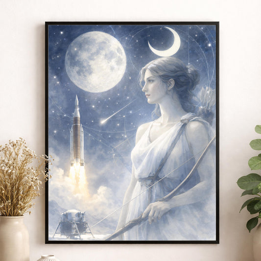 Artemis Moon Goddess Art Print | Ethereal Lunar Space Wall Art | Celestial Mythology Decor | Moon & Rocket Fine Art Print