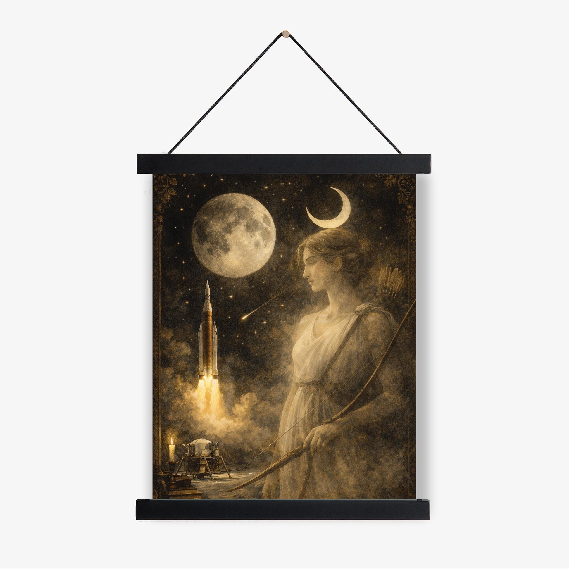 Artemis Moon Goddess Art Print | Dark Academia Celestial Wall Artwork | Vintage Lunar Space | Mythology & Rocket Decor