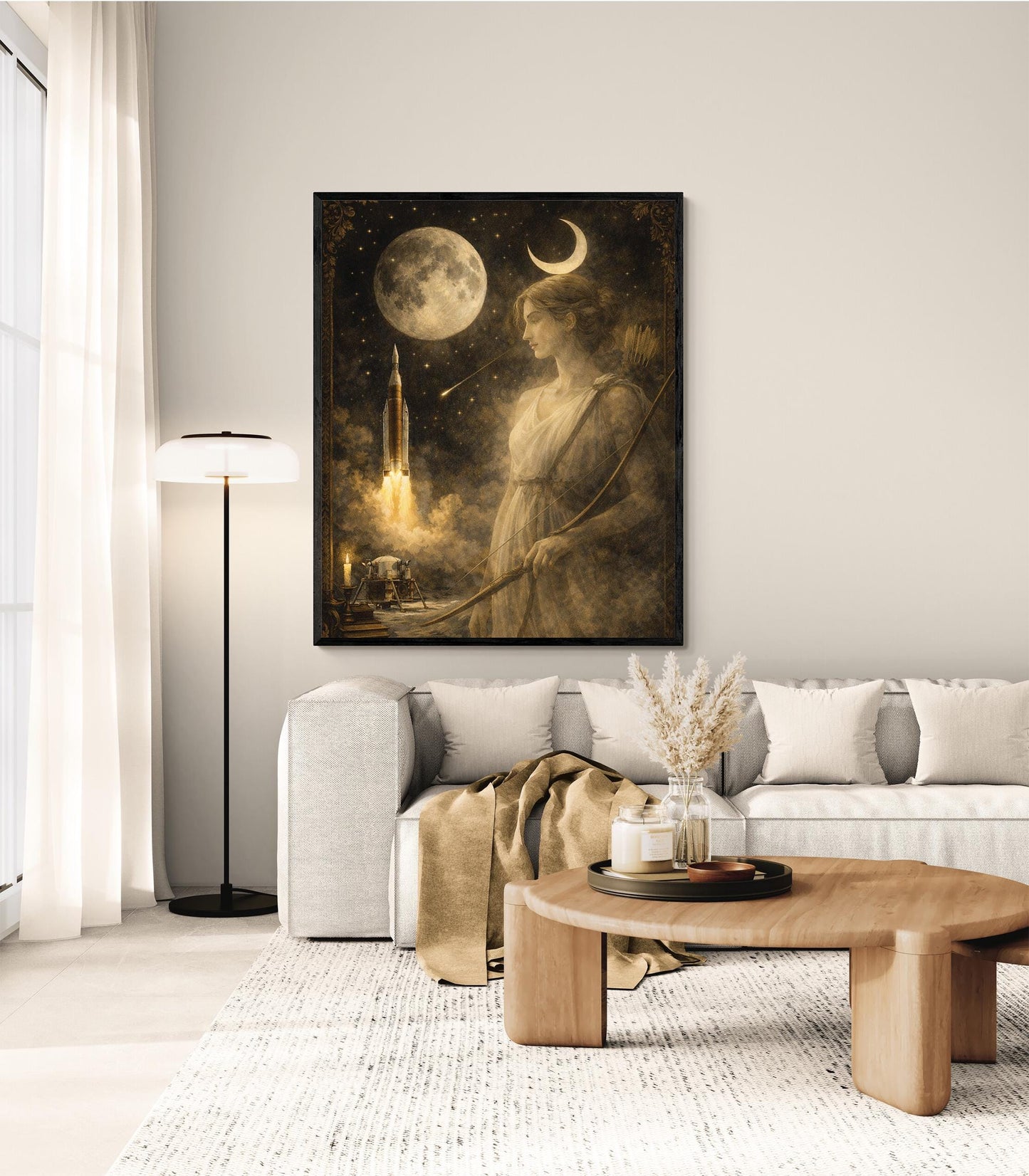 Artemis Moon Goddess Art Print | Dark Academia Celestial Wall Artwork | Vintage Lunar Space | Mythology & Rocket Decor