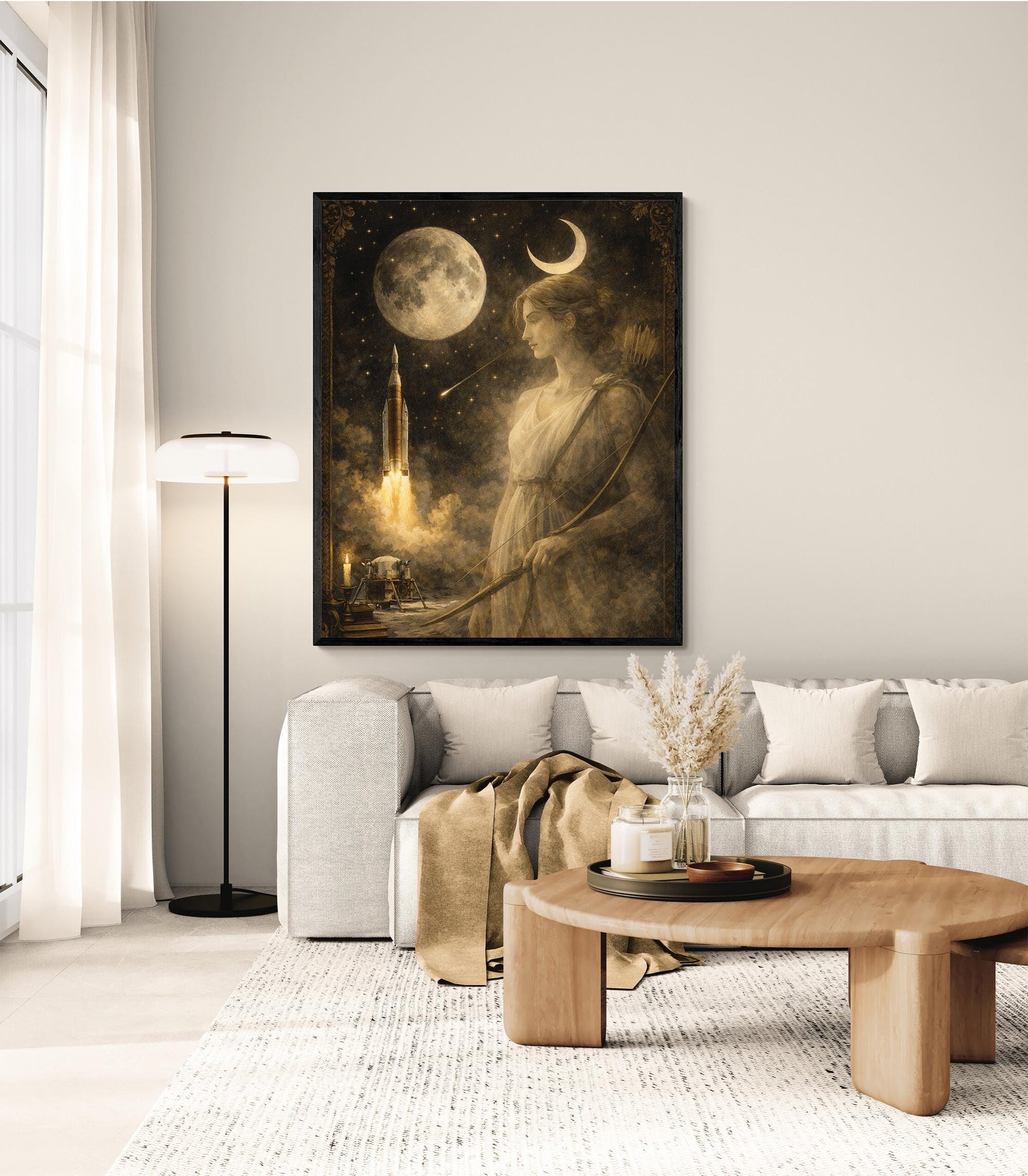 Artemis Moon Goddess Art Print | Dark Academia Celestial Wall Artwork | Vintage Lunar Space | Mythology & Rocket Decor