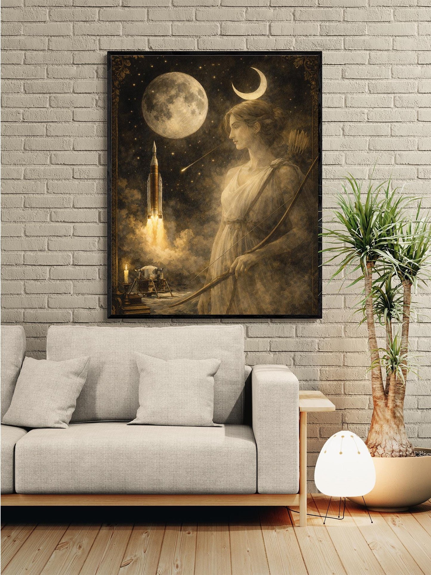 Artemis Moon Goddess Art Print | Dark Academia Celestial Wall Artwork | Vintage Lunar Space | Mythology & Rocket Decor