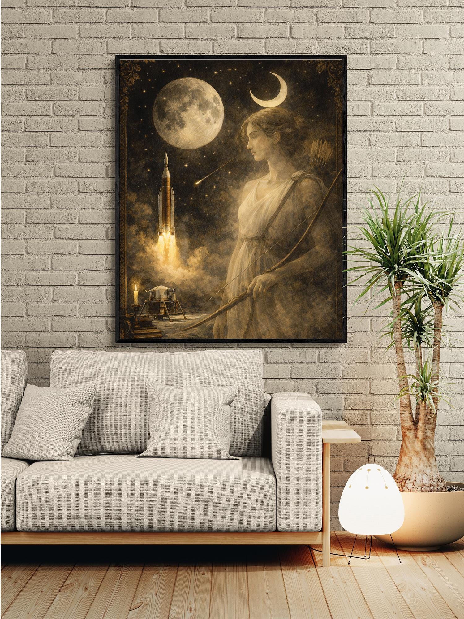 Artemis Moon Goddess Art Print | Dark Academia Celestial Wall Artwork | Vintage Lunar Space | Mythology & Rocket Decor