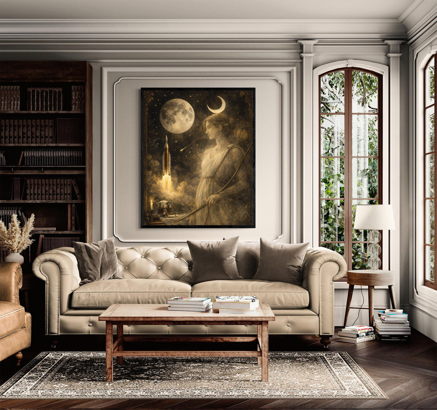 Artemis Moon Goddess Art Print | Dark Academia Celestial Wall Artwork | Vintage Lunar Space | Mythology & Rocket Decor