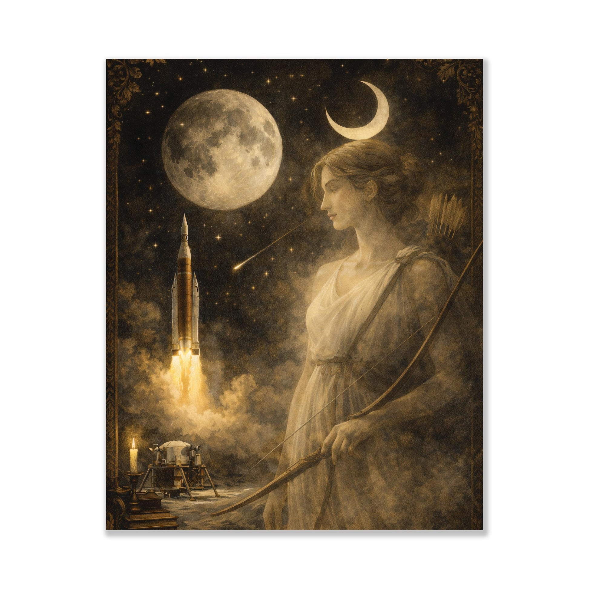 Artemis Moon Goddess Art Print | Dark Academia Celestial Wall Artwork | Vintage Lunar Space | Mythology & Rocket Decor