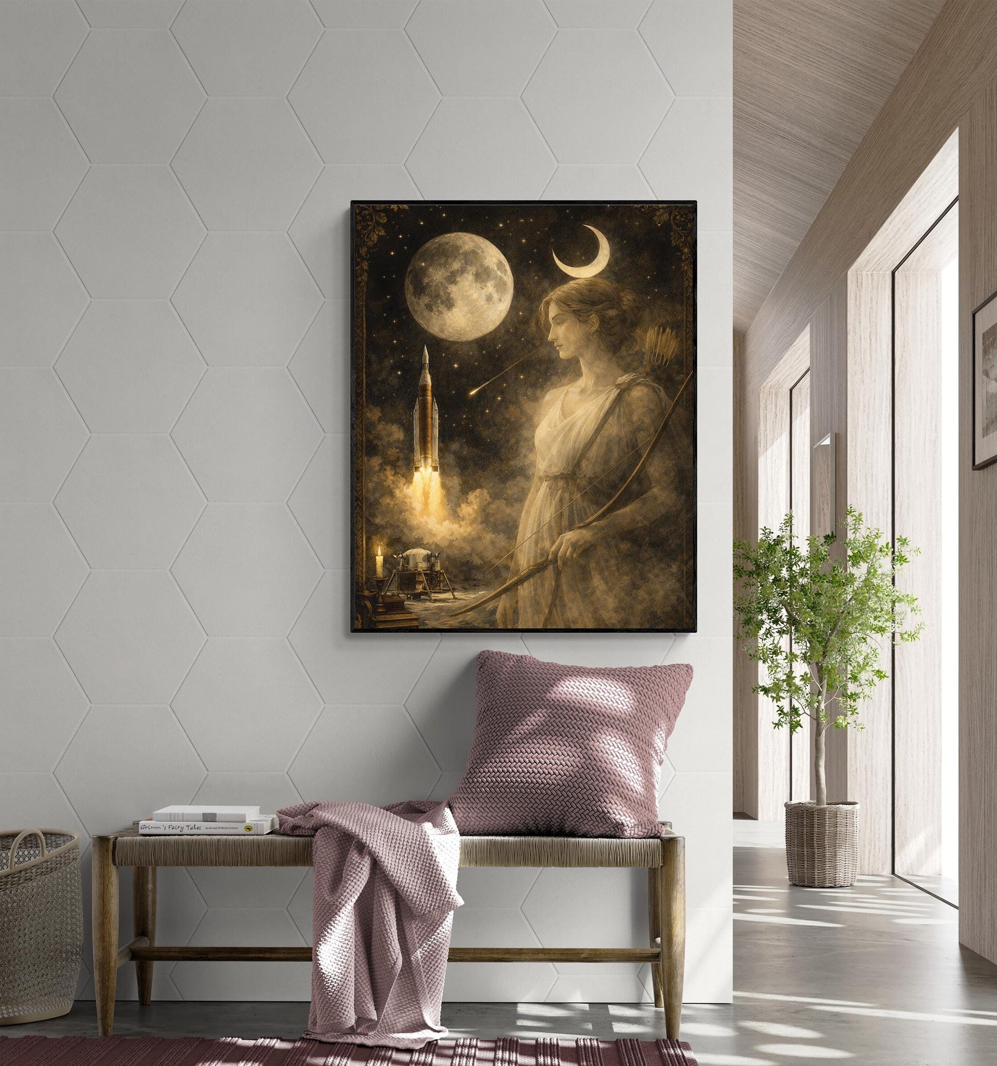 Artemis Moon Goddess Art Print | Dark Academia Celestial Wall Artwork | Vintage Lunar Space | Mythology & Rocket Decor