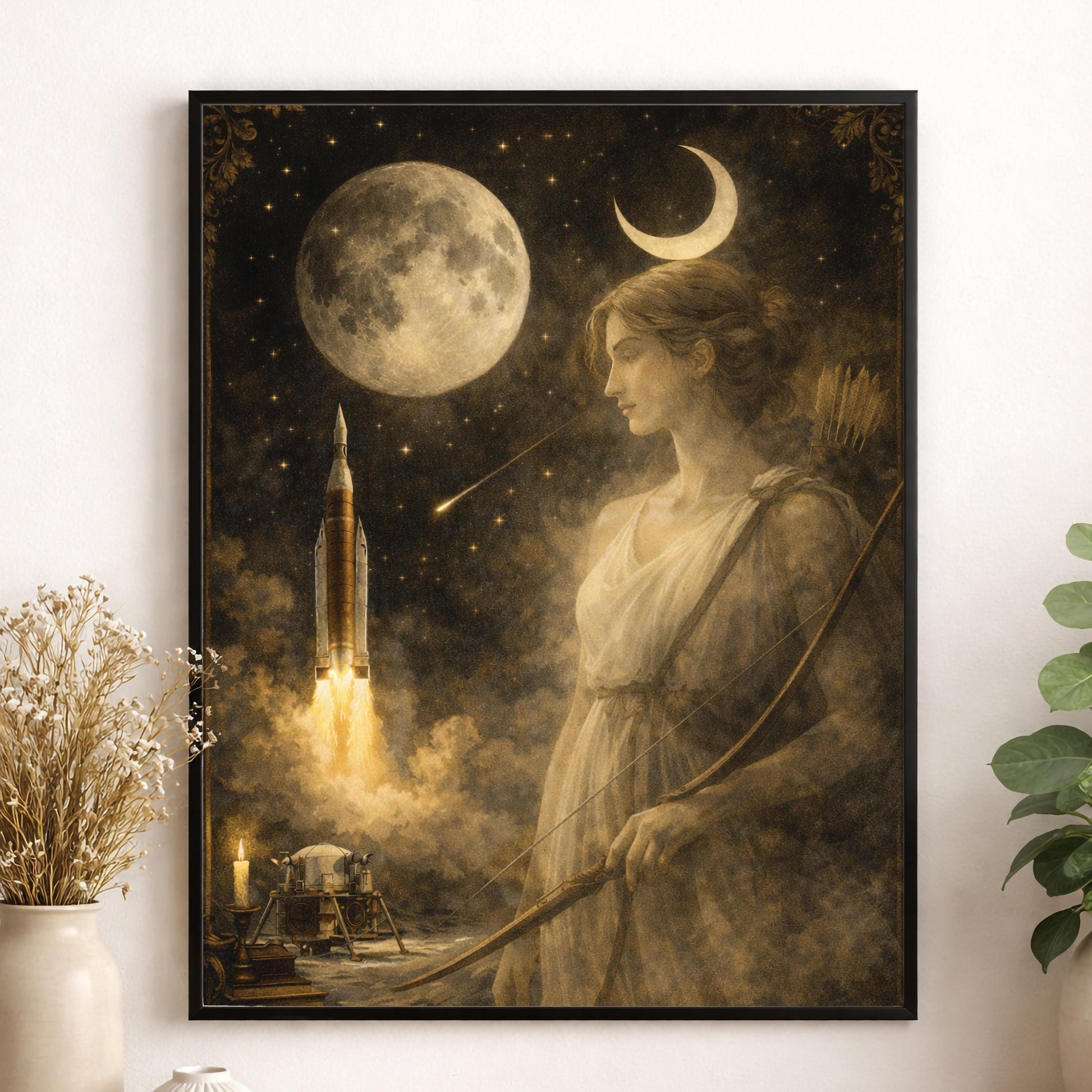 Artemis Moon Goddess Art Print | Dark Academia Celestial Wall Artwork | Vintage Lunar Space | Mythology & Rocket Decor